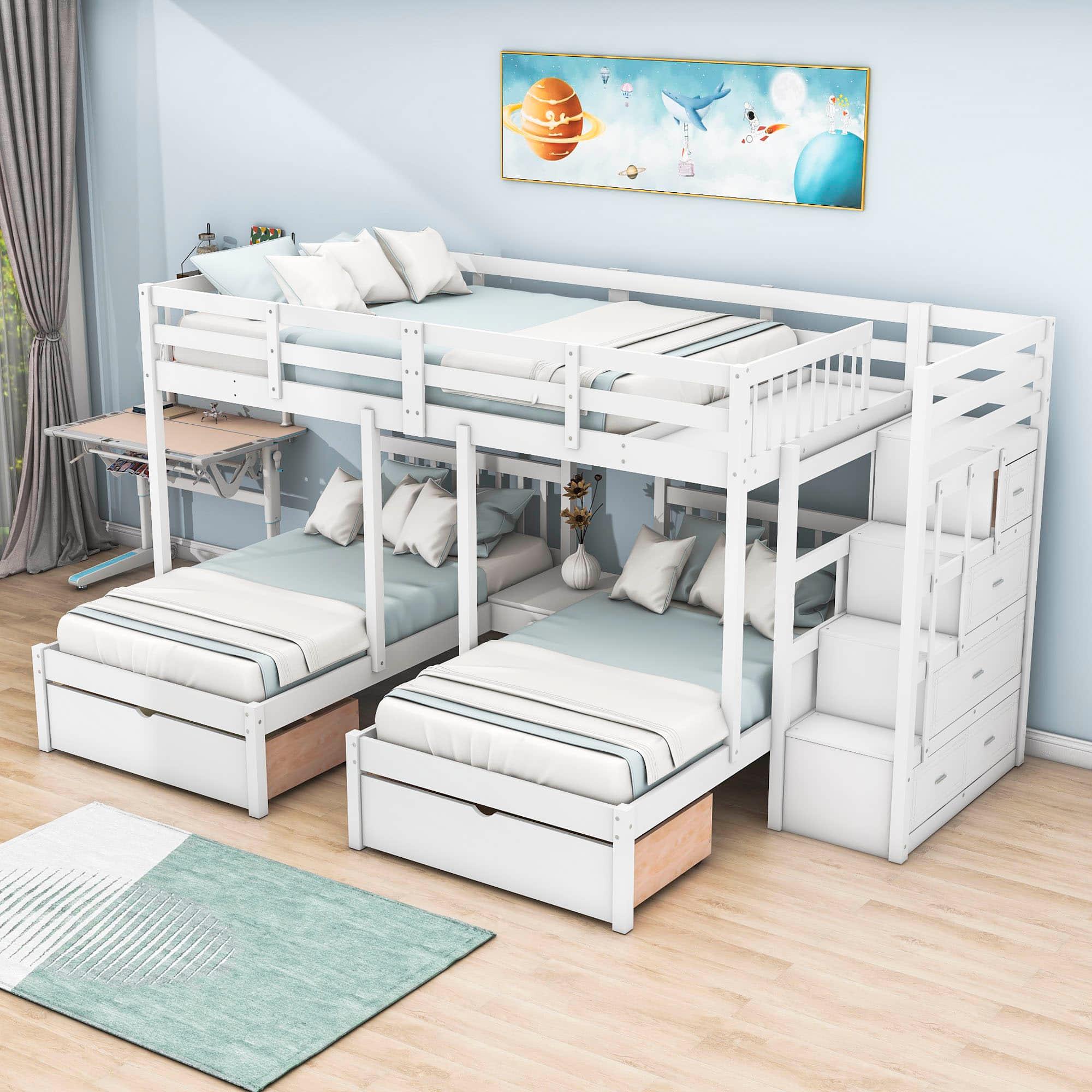 Wood Full Over Twin & Twin L-Shaped Triple Bunk Bed with Stairs and Drawers