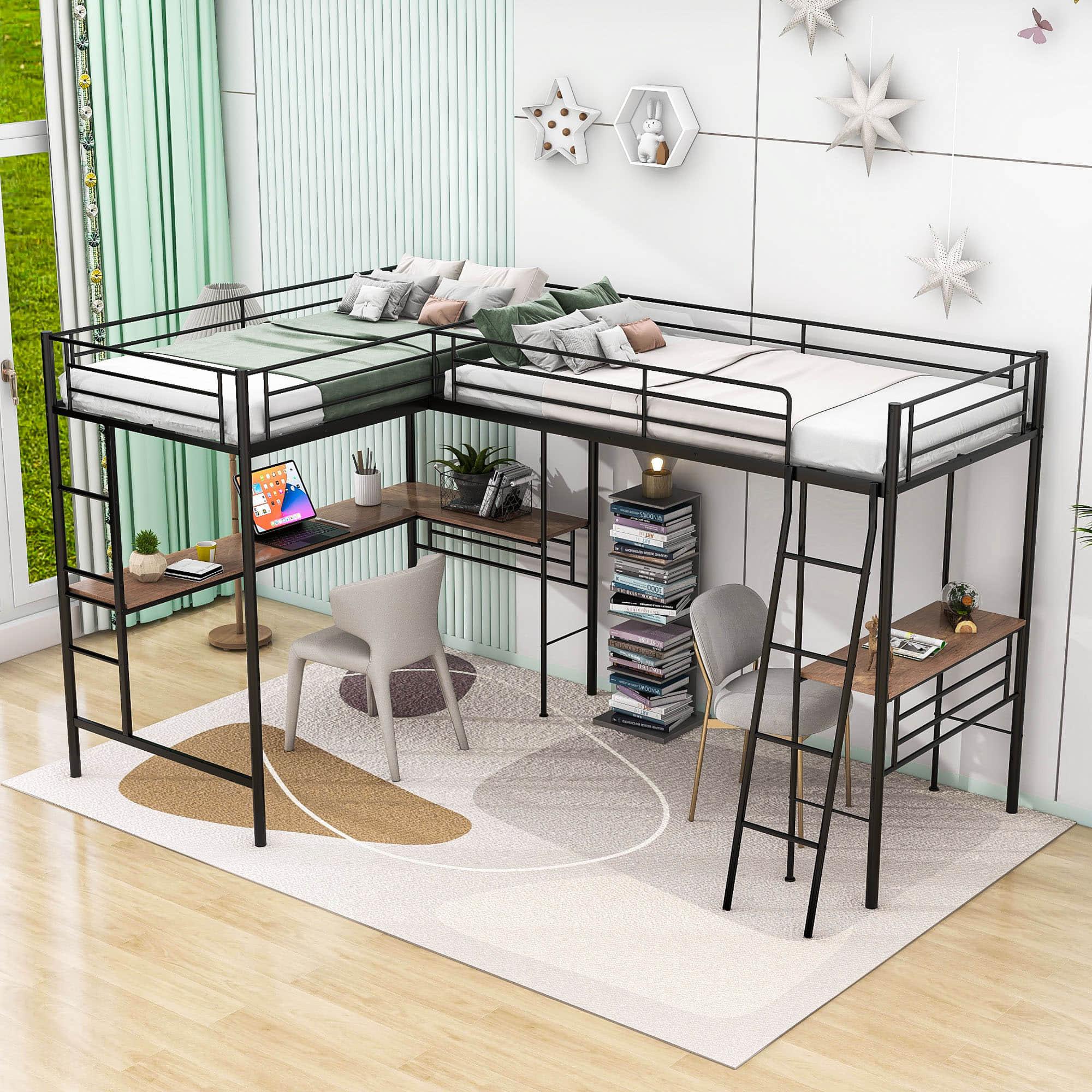 L-Shaped Double Black Metal Twin Loft Bed with Desks for 2 Person - [Corner]