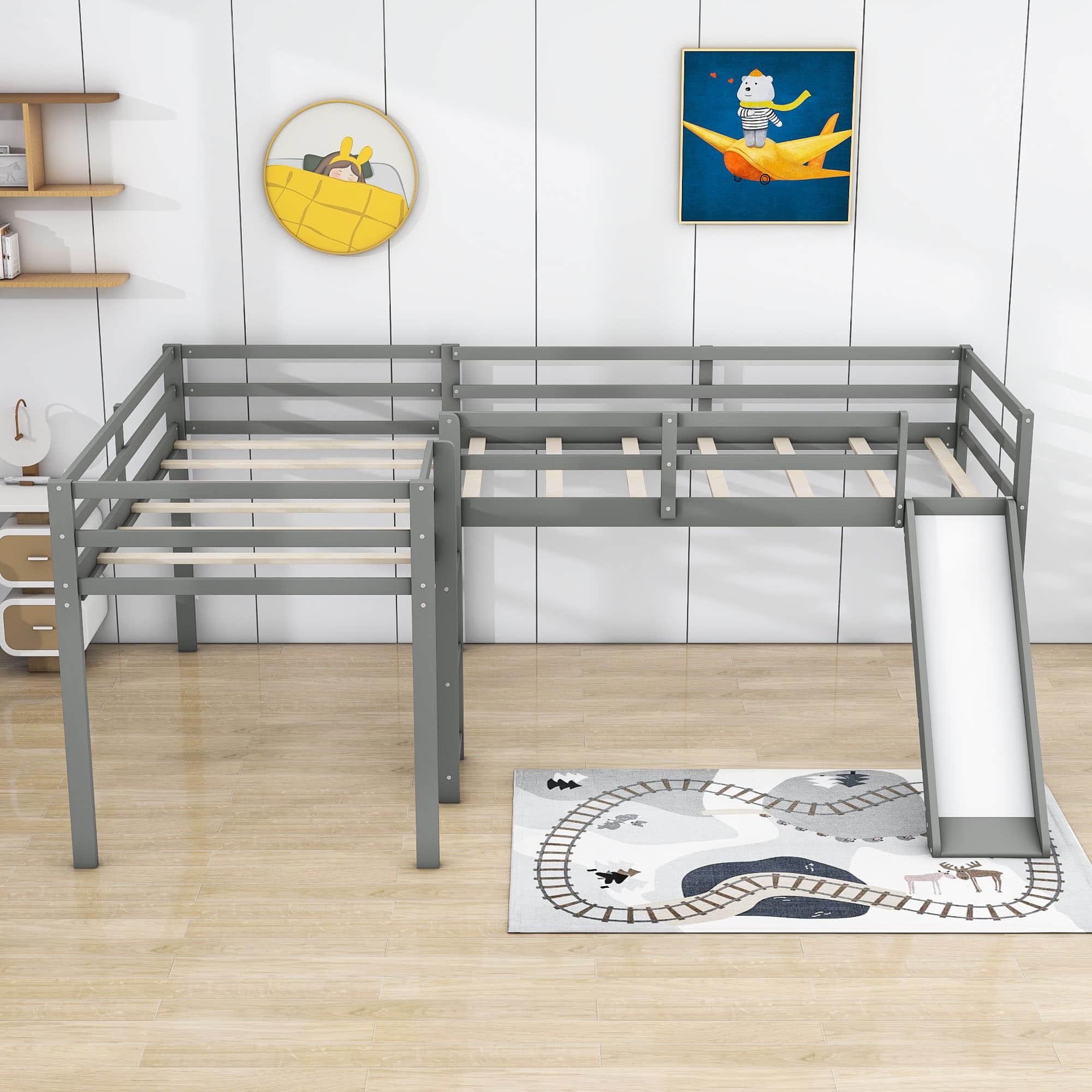 L-Shaped Low Double Twin Loft Bed with Slide for Kids - [Wood]