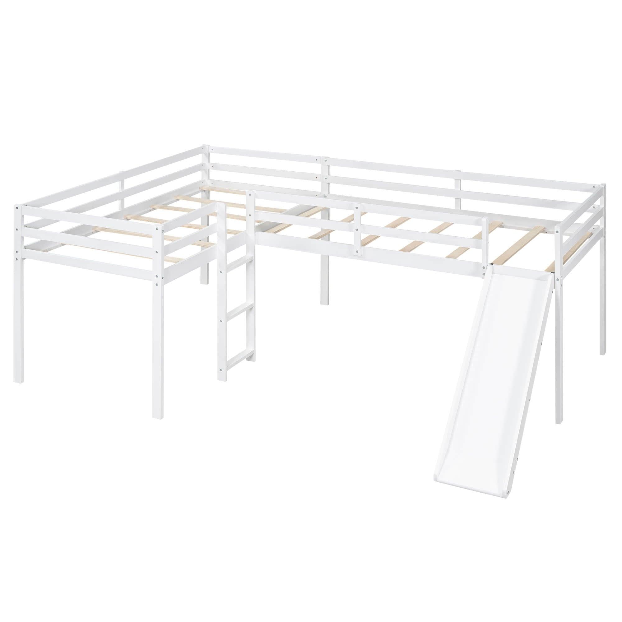 L-Shaped Low Double Twin Loft Bed with Slide for Kids - [Wood]