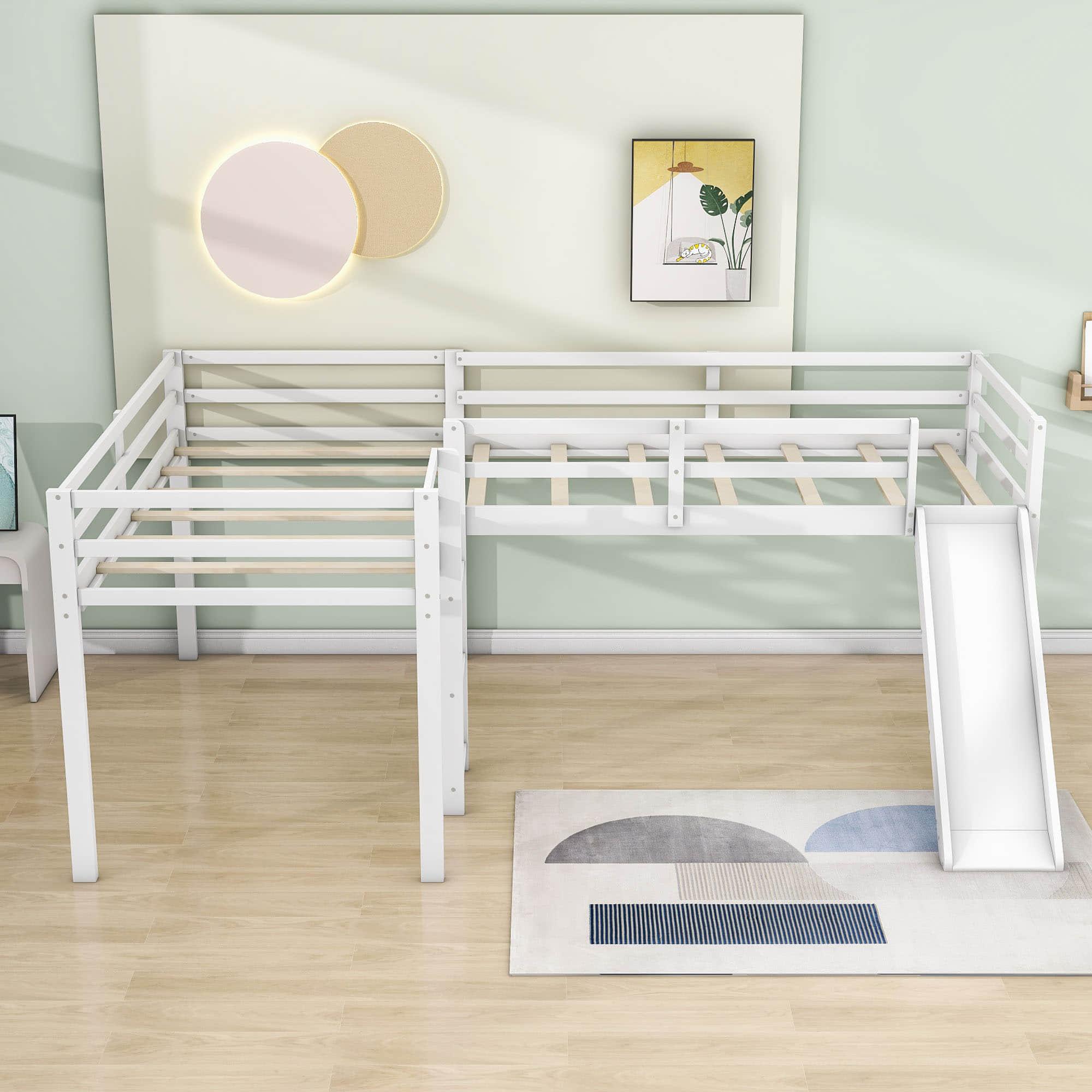 L-Shaped Low Double Twin Loft Bed with Slide for Kids - [Wood]