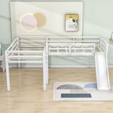 L-Shaped Low Double Twin Loft Bed with Slide for Kids - [Wood]