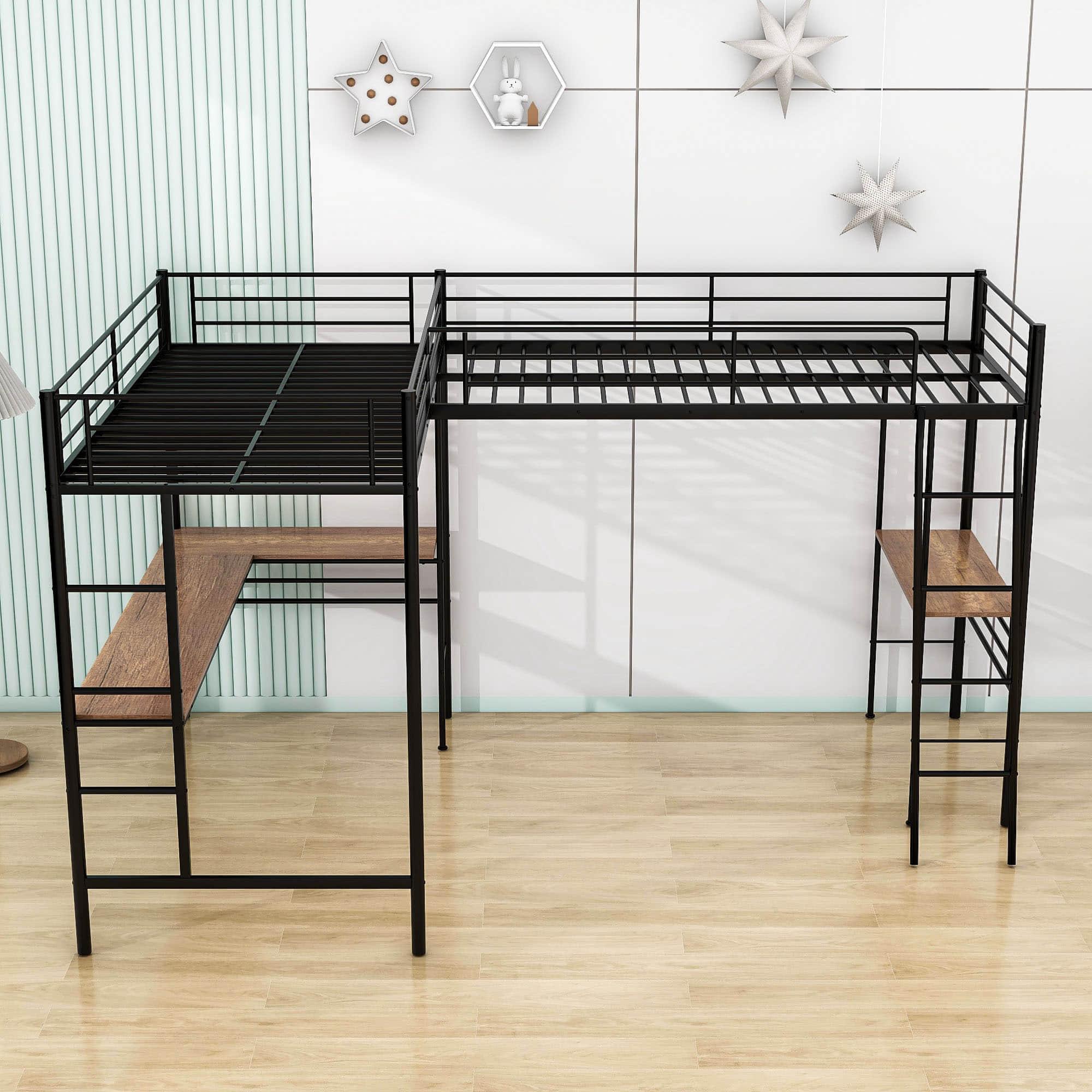 L-Shaped Double Black Metal Twin Loft Bed with Desks for 2 Person - [Corner]