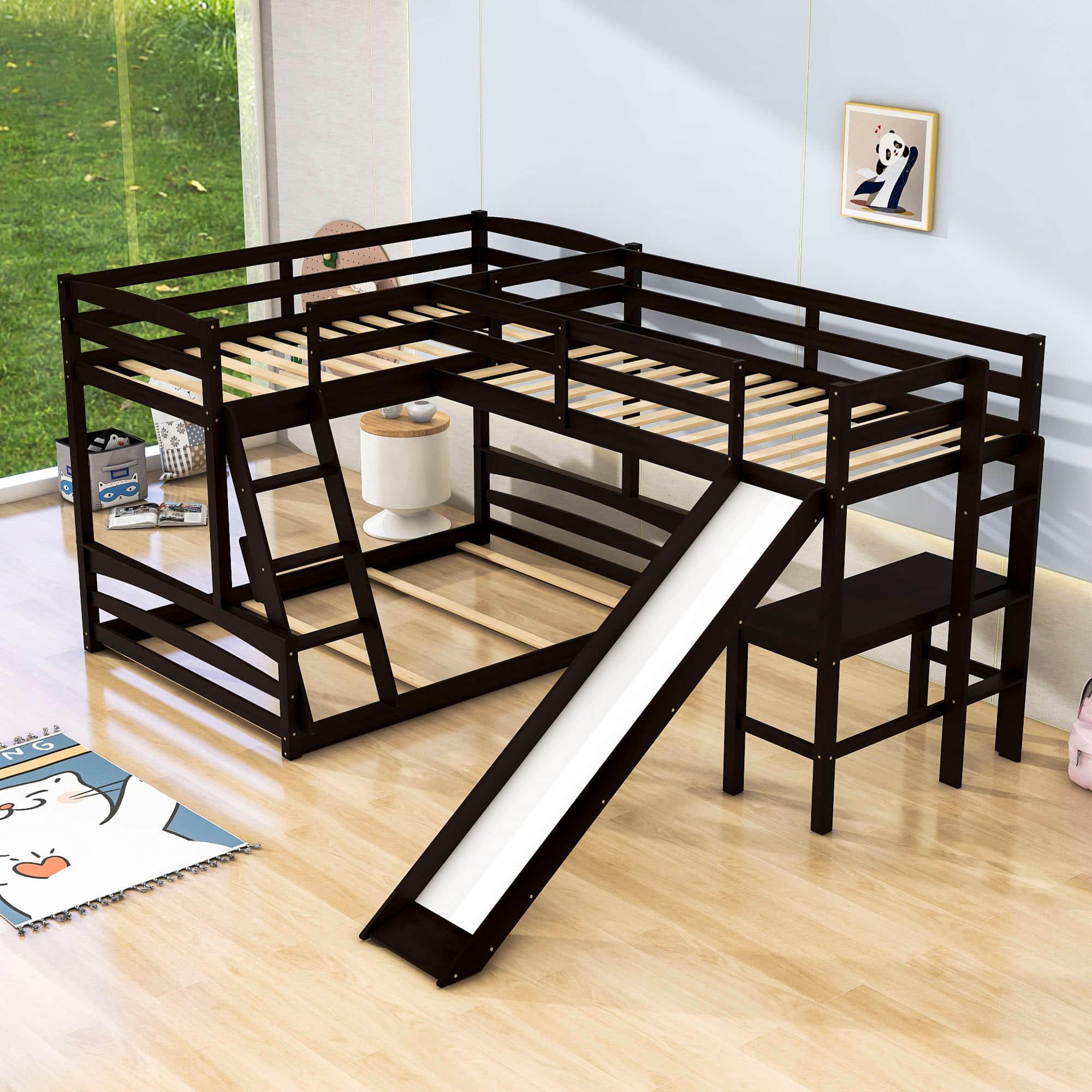 Wood Twin Over Full L-Shaped Low Bunk Bed with Twin Loft Bed with Desk and Slide