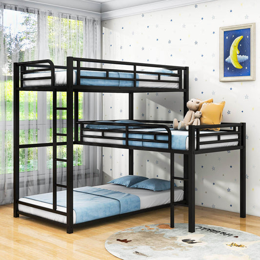 L-Shaped Low Twin Triple Bunk Beds for Kids, Toddler- [Metal, Floor]