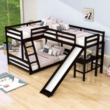 Wood Twin Over Full L-Shaped Low Bunk Bed with Twin Loft Bed with Desk and Slide