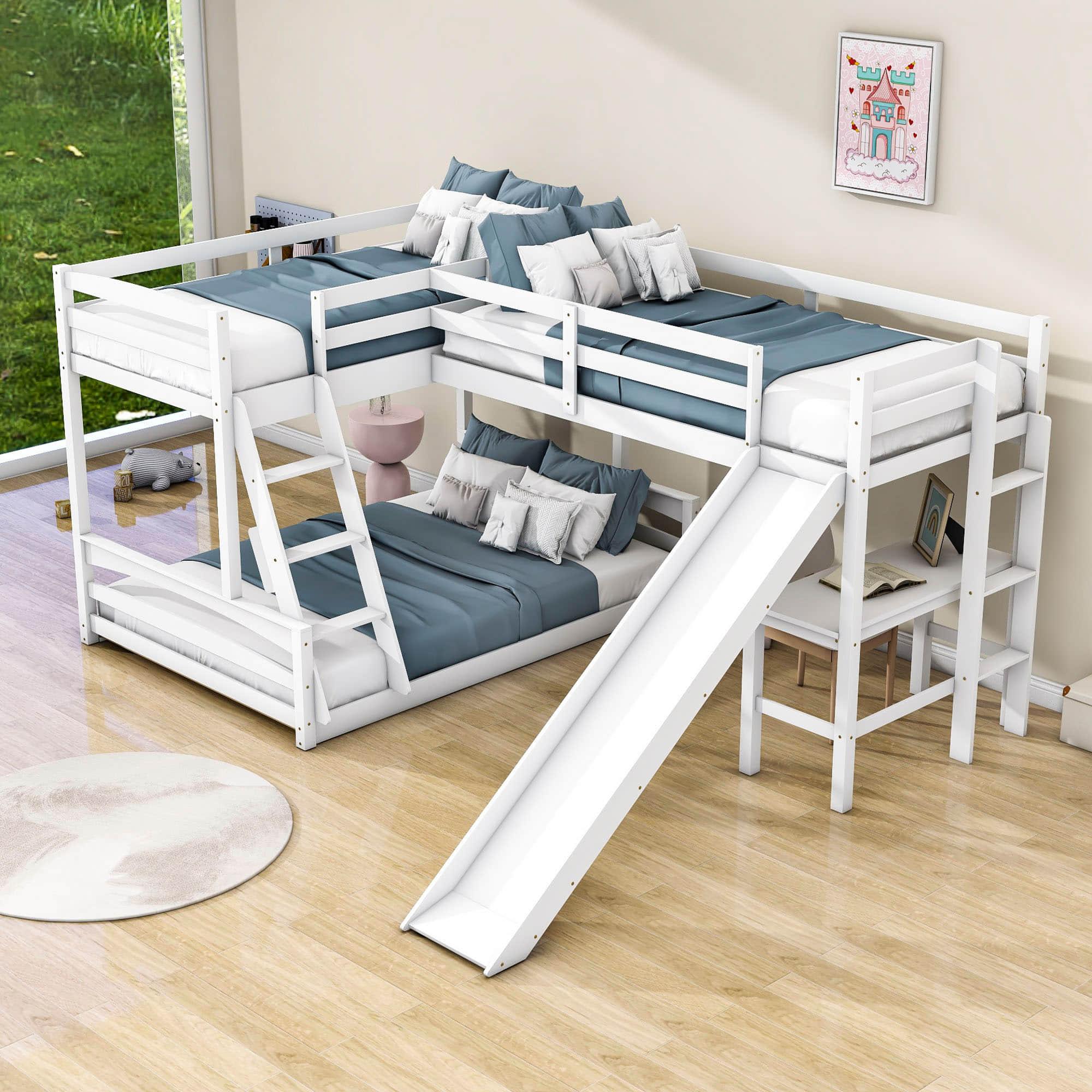 Wood Twin Over Full L-Shaped Low Bunk Bed with Twin Loft Bed with Desk and Slide