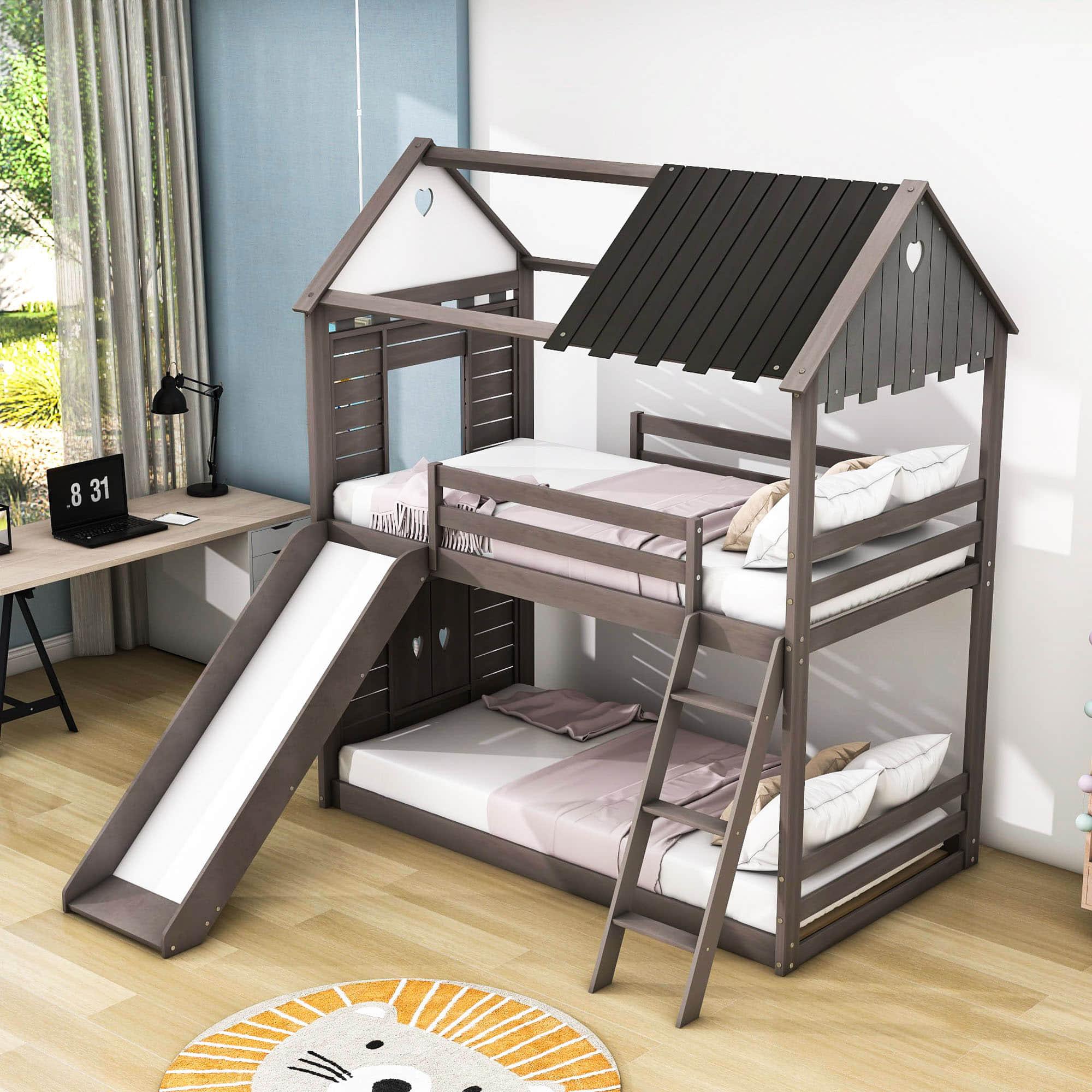 Low Twin Over Twin FarmHouse Bunk Beds with Slide for Kids, Toddler - [Wood, Floor]