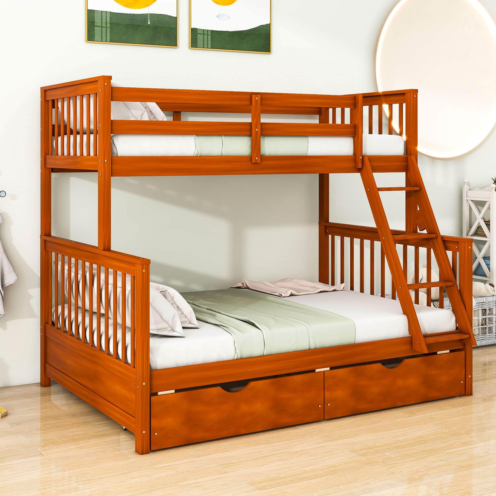 Wooden Classic Twin Over Full Bunk Bed with Ladder and Storage Drawers