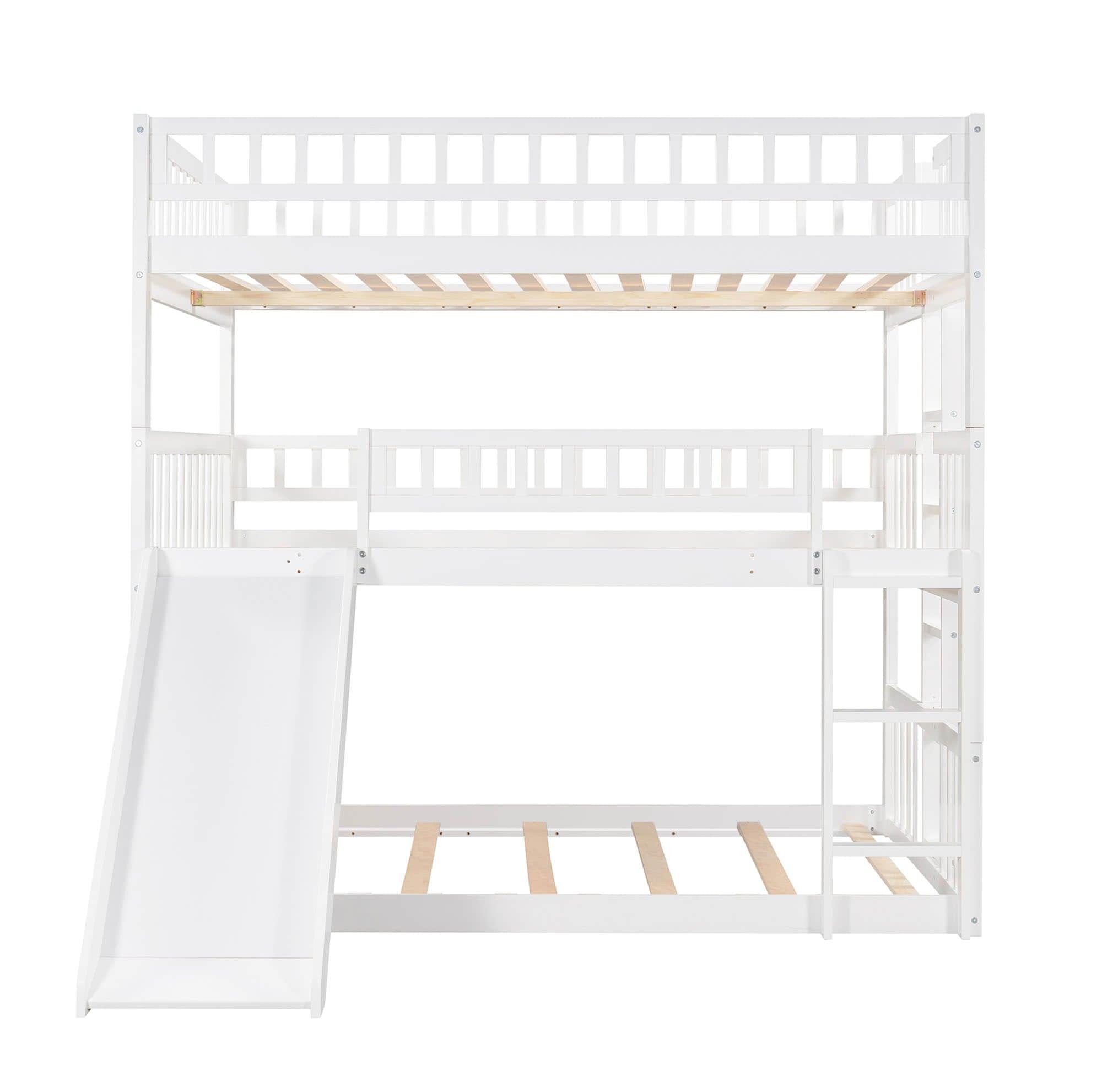 Low Triple Full Size Bunk Beds with Slide for Kids Toddler - [Wooden, Floor]