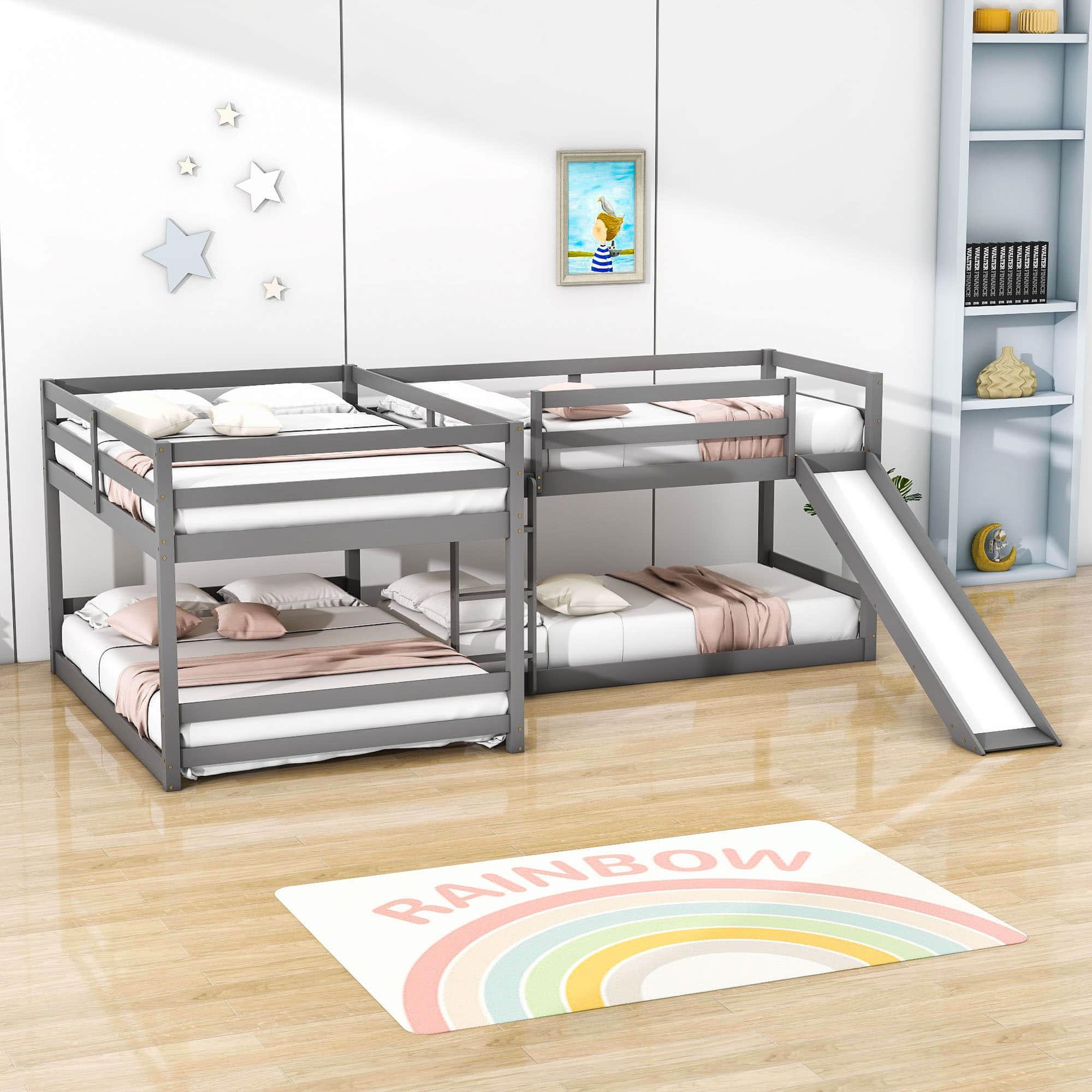 Corner Full and Twin Quad Bunk Beds with Slide - [Wooden, Convertible, L-Shaped]