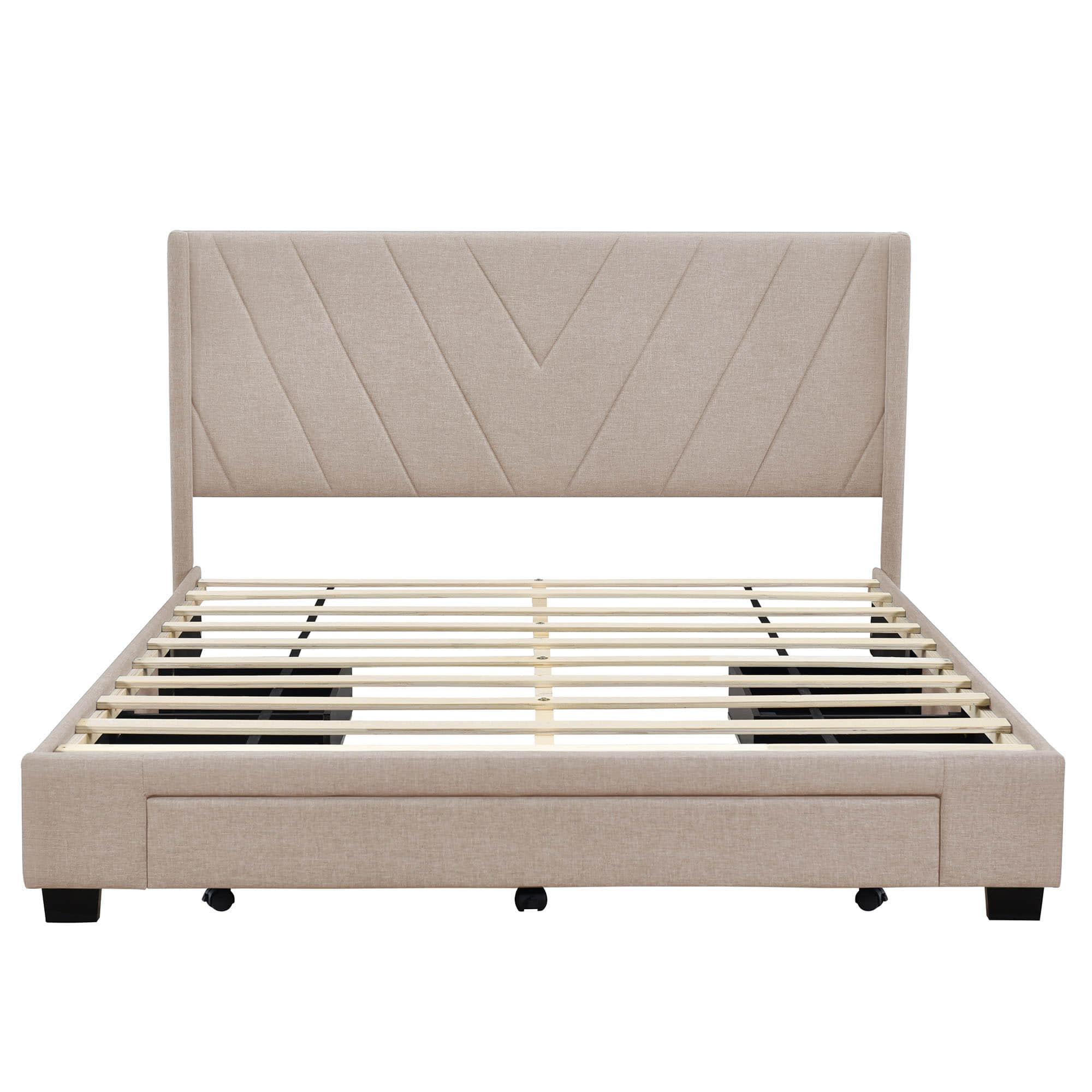 Queen Size Upholstered Platform Bed with Storage and Headboard - [Drawers, Linen]