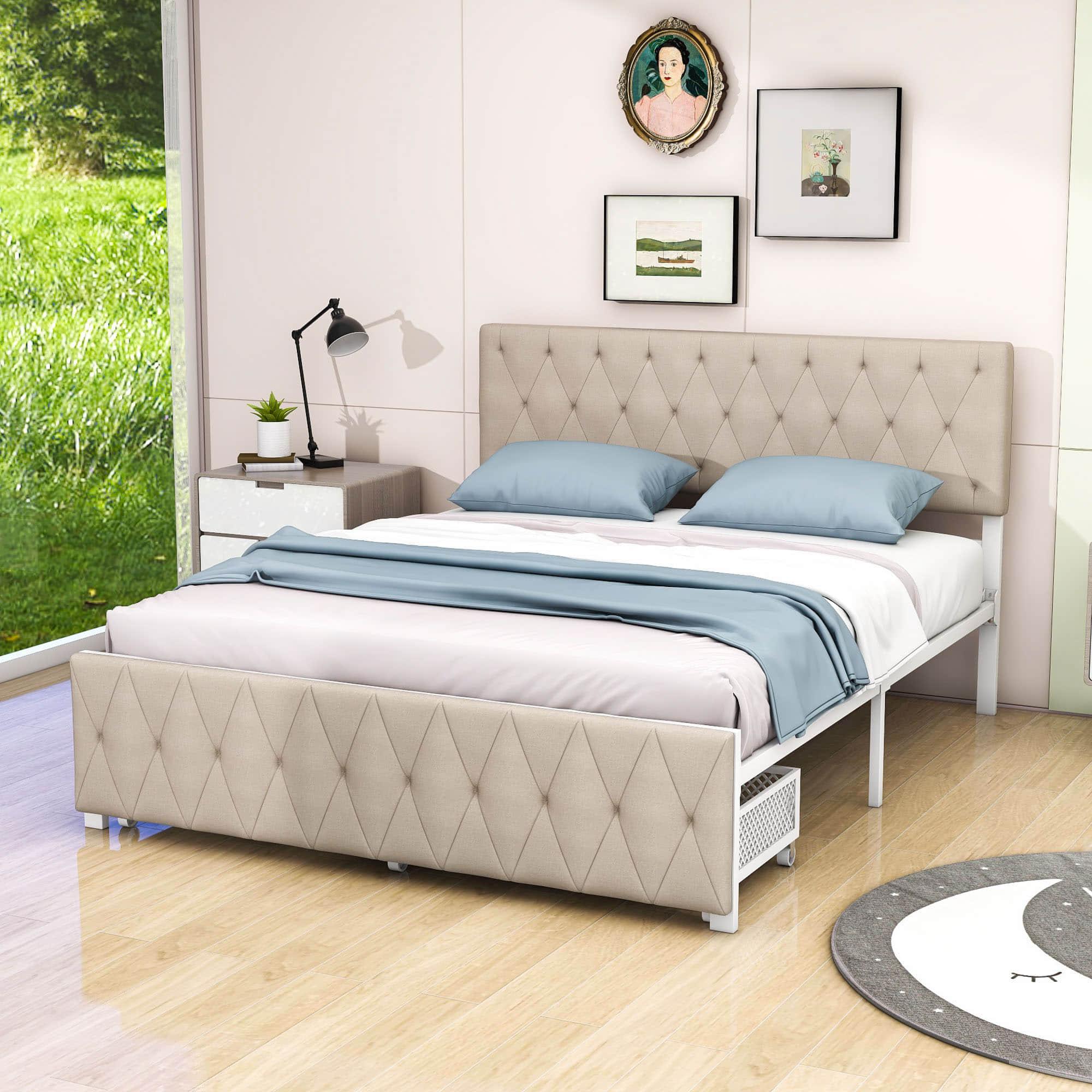 Metal Queen Size Upholstered Storage Bed with Headboard and Drawers