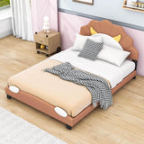 Brown Full Size Upholstered Bed with Lion-Shaped Headboard for Kids