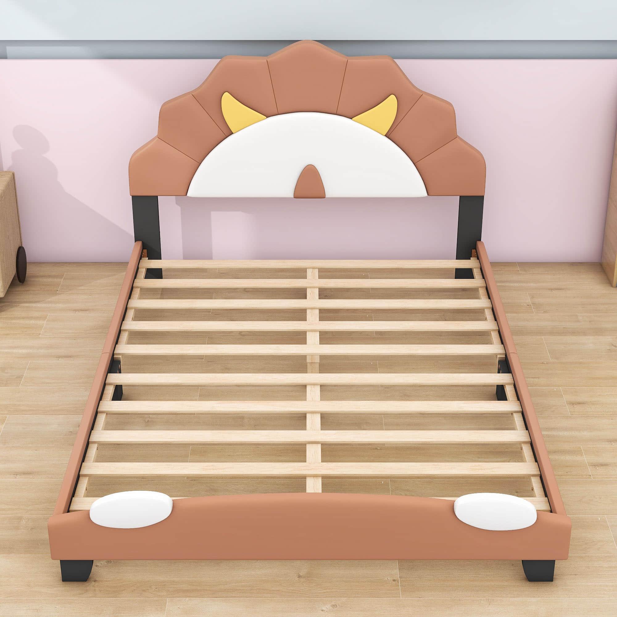 Brown Full Size Upholstered Bed with Lion-Shaped Headboard for Kids