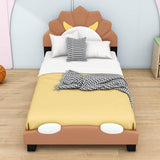 Brown Twin Upholstered Bed with Lion-Shaped Headboard for Kids