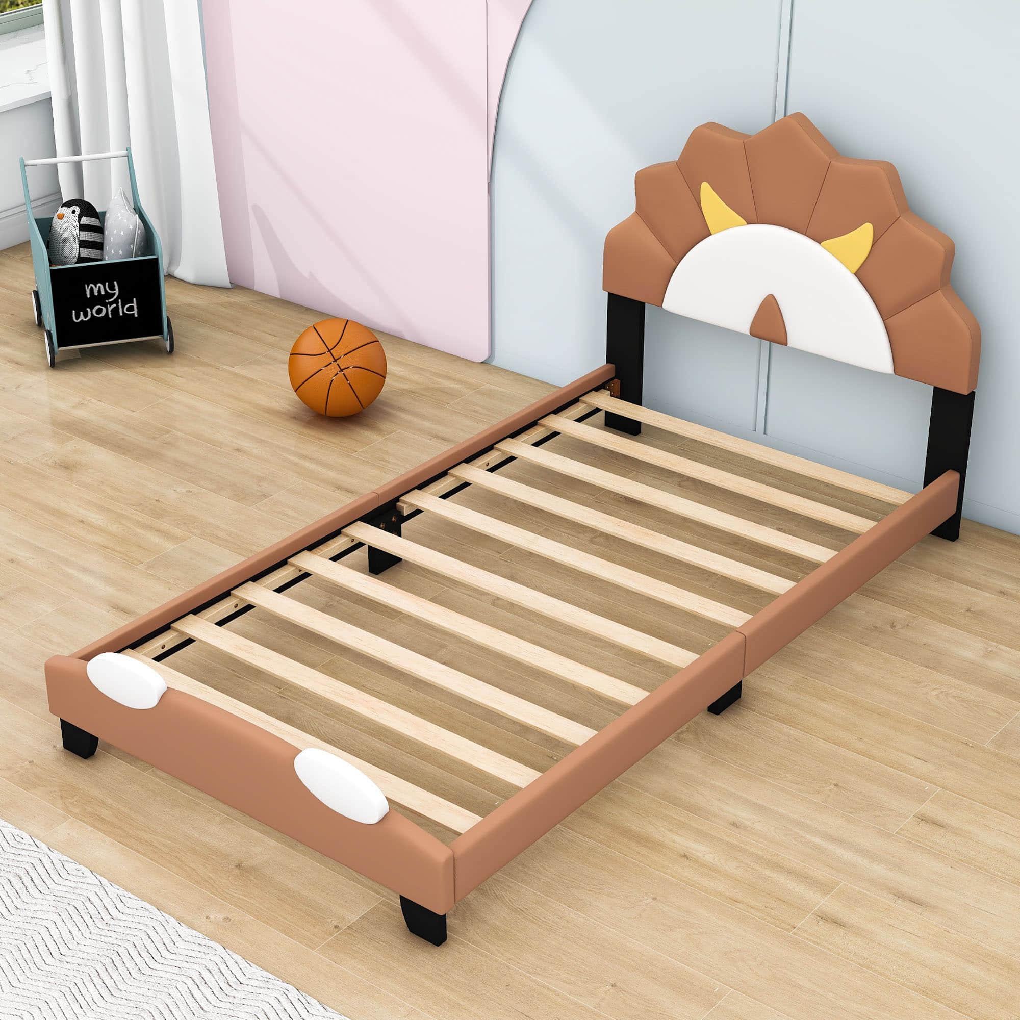 Brown Twin Upholstered Bed with Lion-Shaped Headboard for Kids