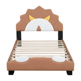 Brown Twin Upholstered Bed with Lion-Shaped Headboard for Kids