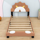 Brown Twin Upholstered Bed with Lion-Shaped Headboard for Kids