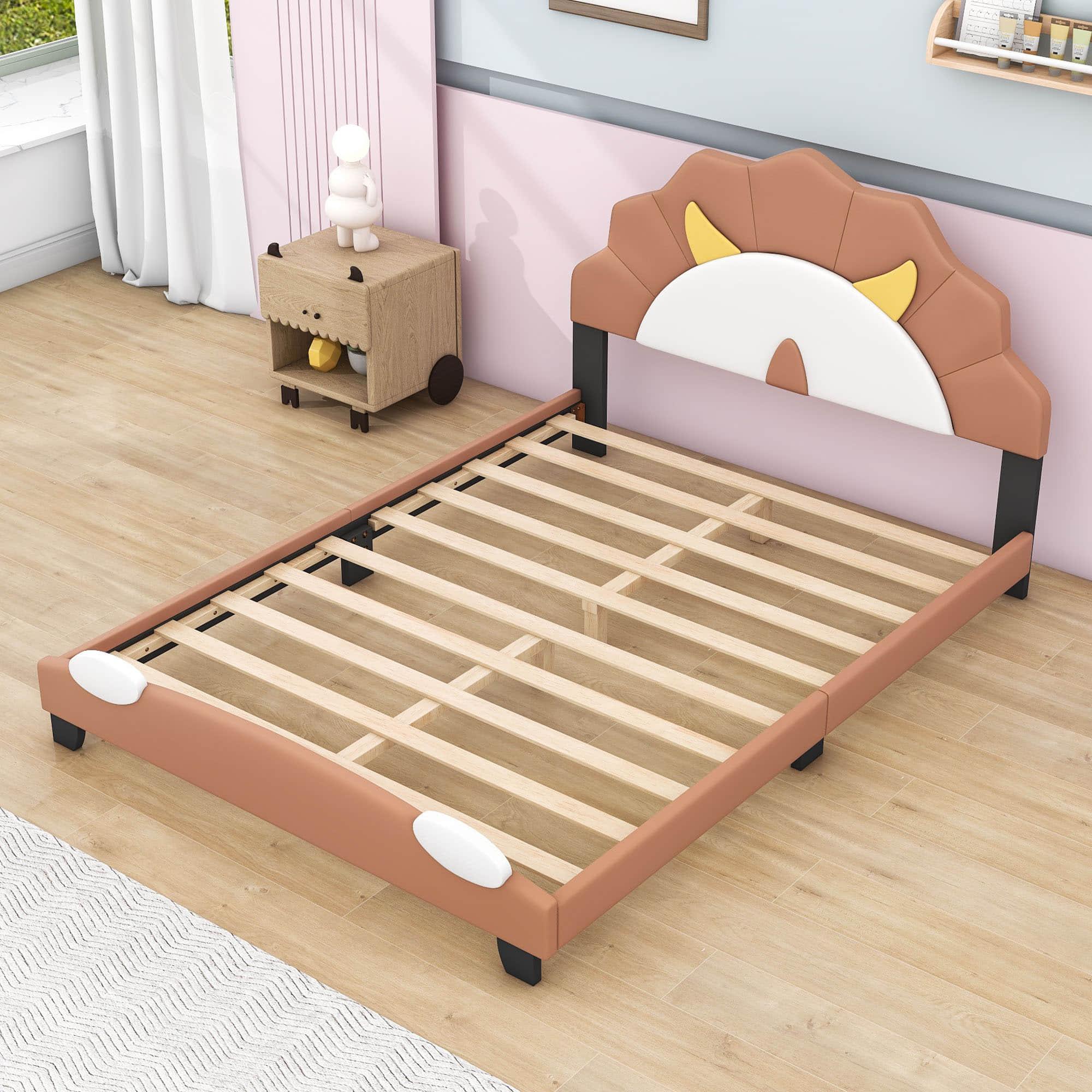 Brown Full Size Upholstered Bed with Lion-Shaped Headboard for Kids