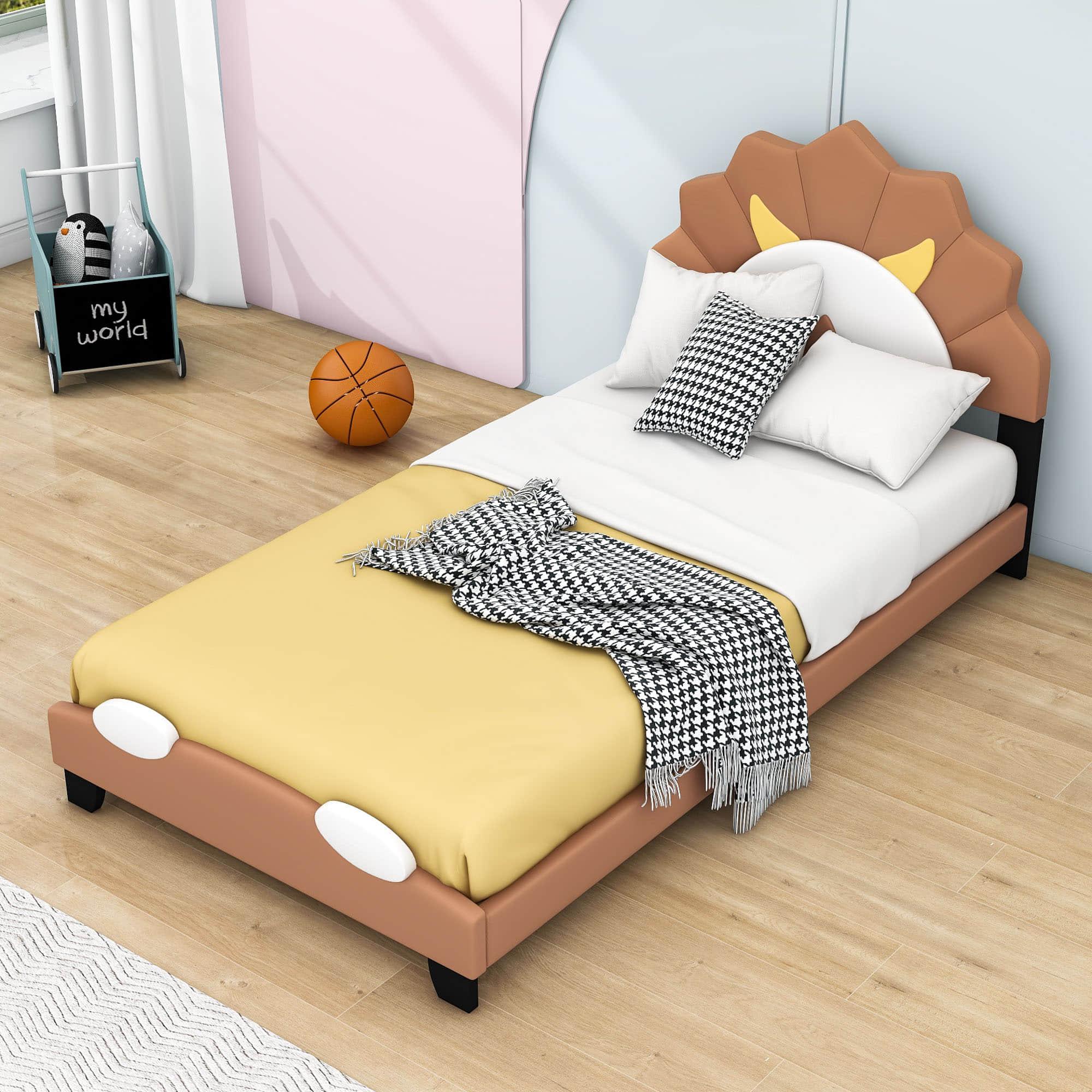 Brown Twin Upholstered Bed with Lion-Shaped Headboard for Kids