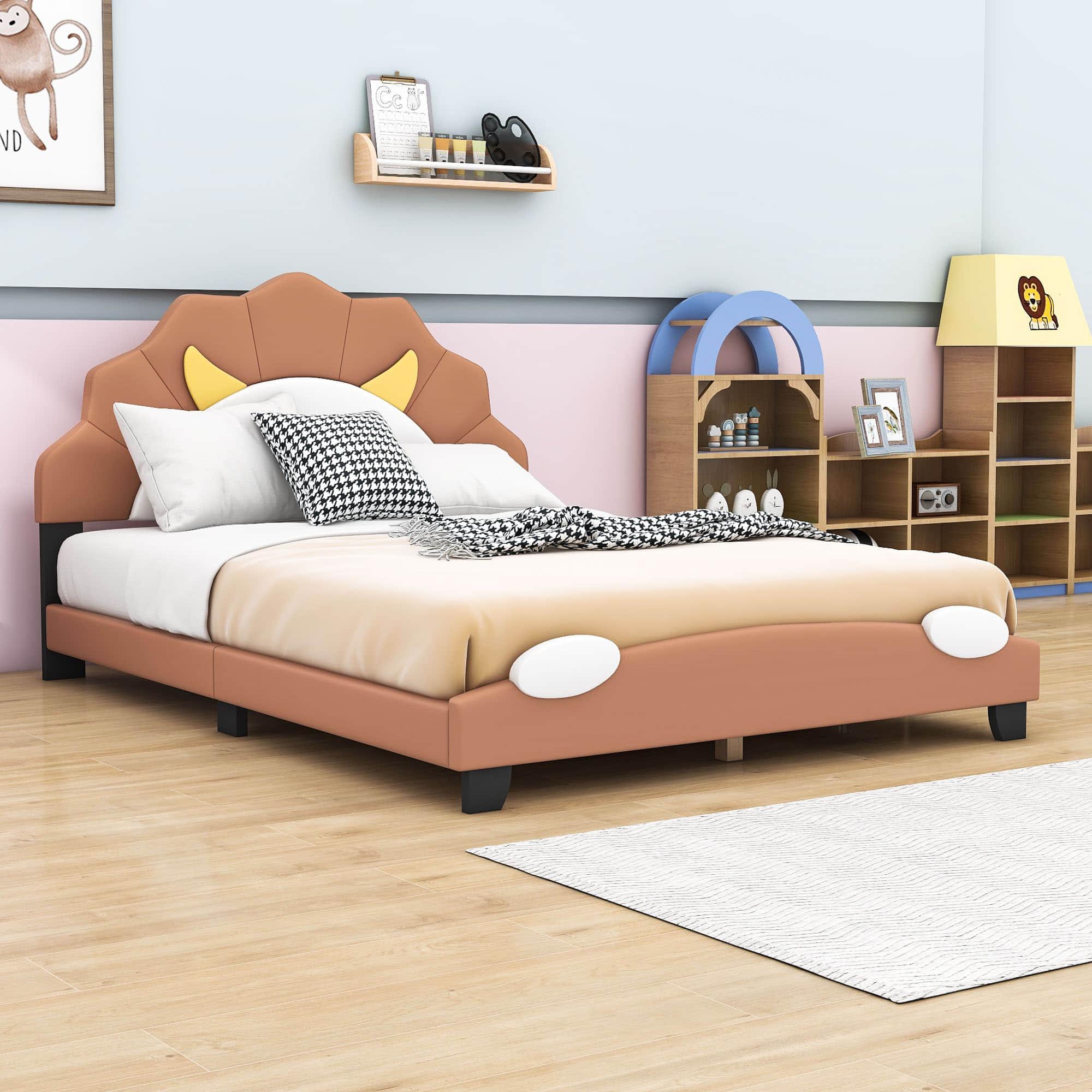 Brown Full Size Upholstered Bed with Lion-Shaped Headboard for Kids