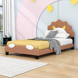 Brown Twin Upholstered Bed with Lion-Shaped Headboard for Kids