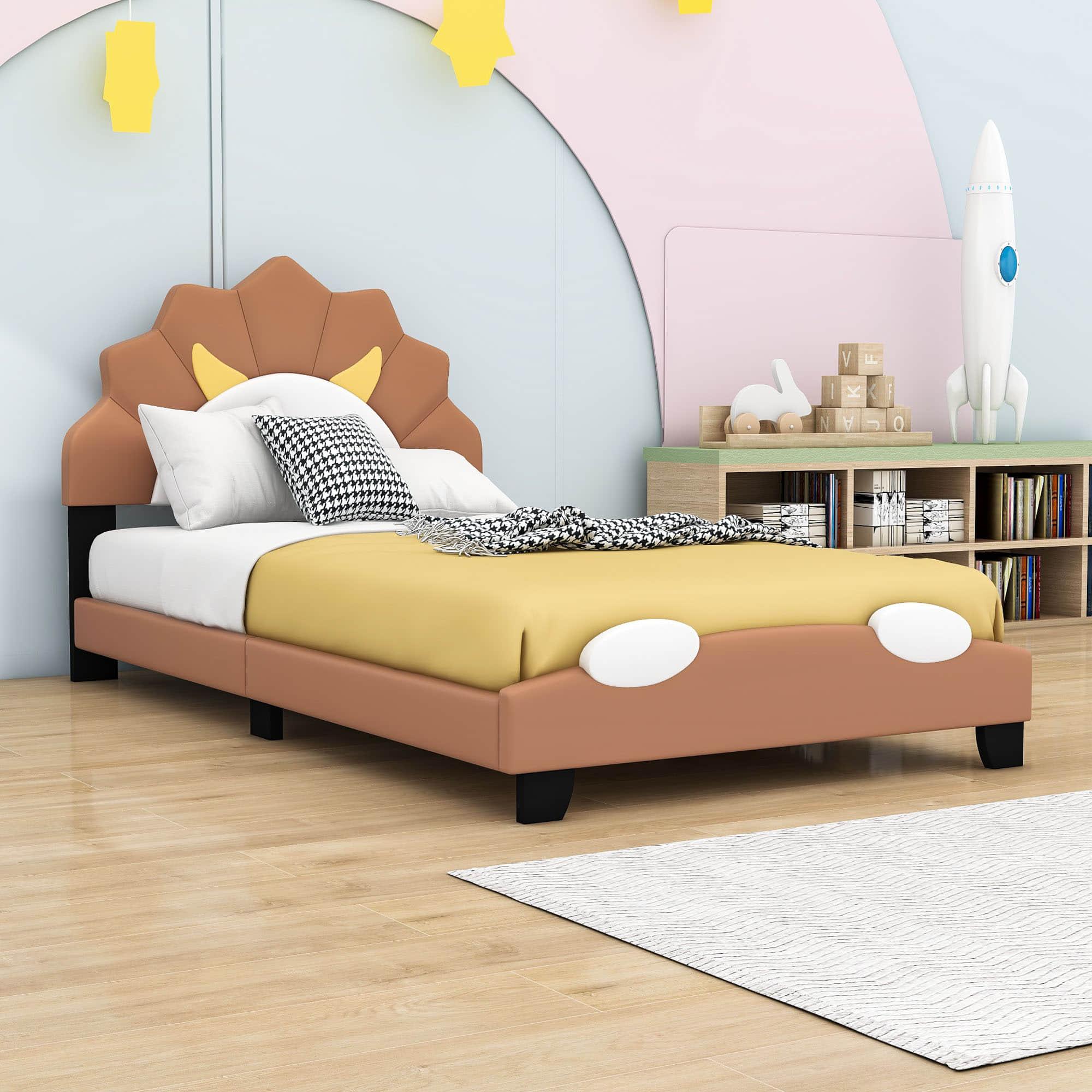 Brown Twin Upholstered Bed with Lion-Shaped Headboard for Kids