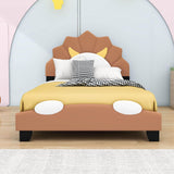 Brown Twin Upholstered Bed with Lion-Shaped Headboard for Kids