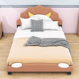 Brown Full Size Upholstered Bed with Lion-Shaped Headboard for Kids