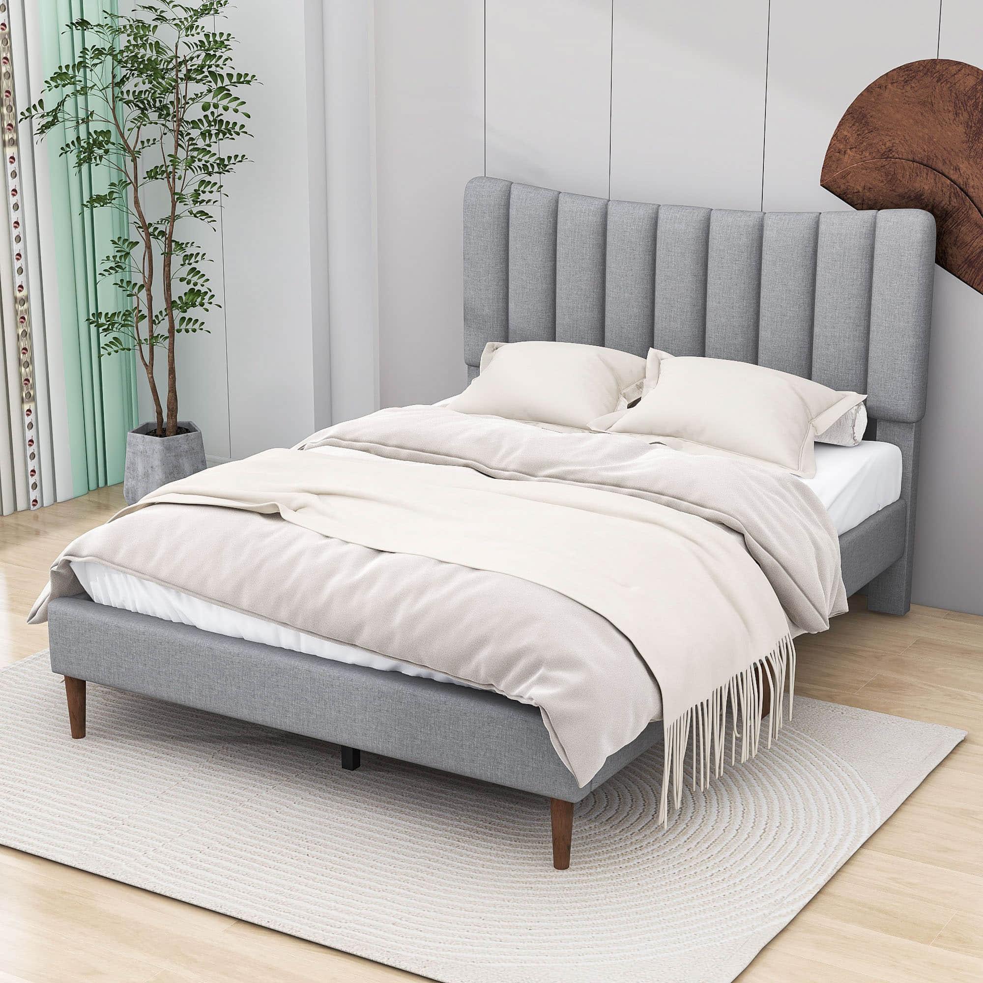 Full Size Linen Upholstered Platform Low Bed Frame with Headboard