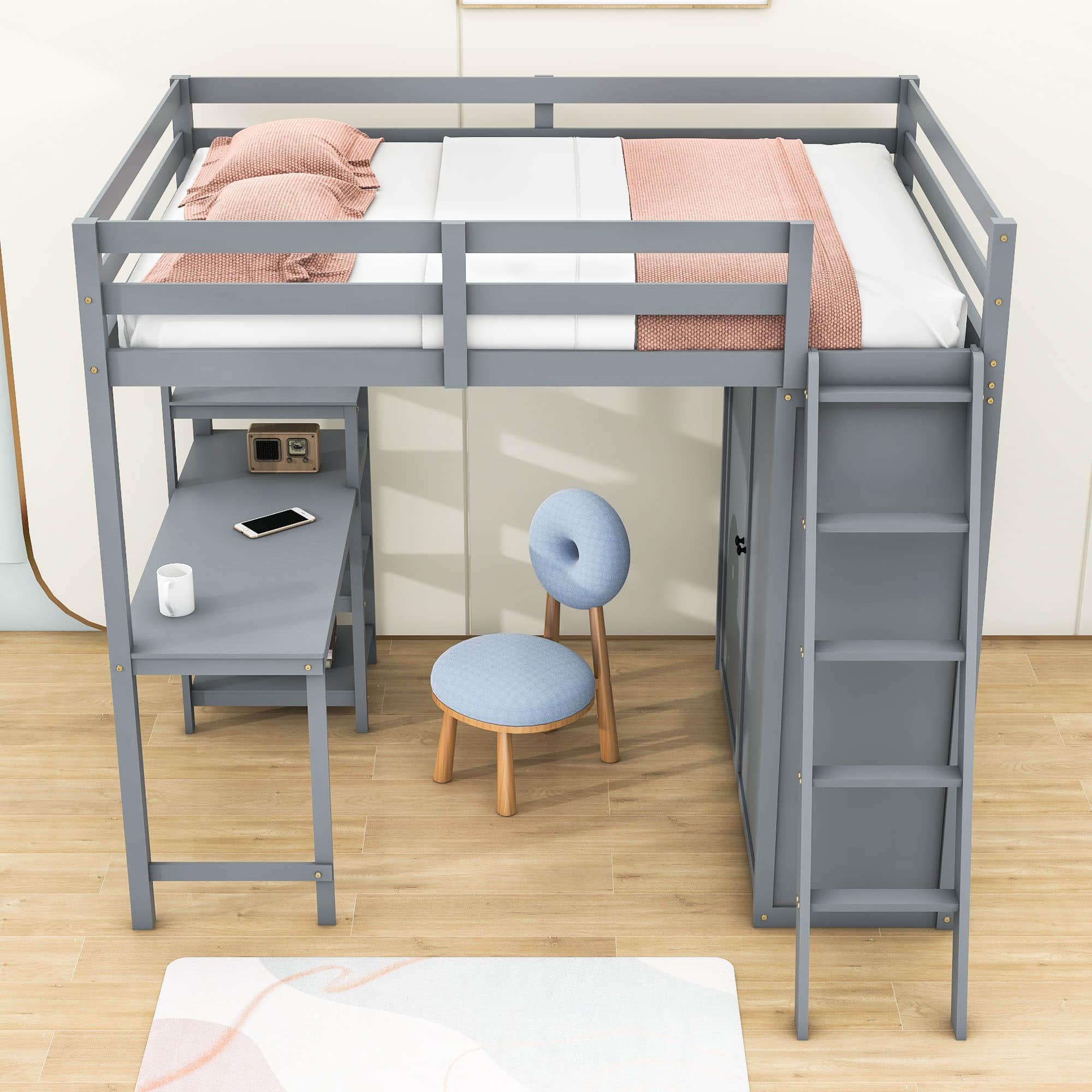 Full Size Loft Bed with Desk and Storage for Adults, Kids - [Wardrobe]