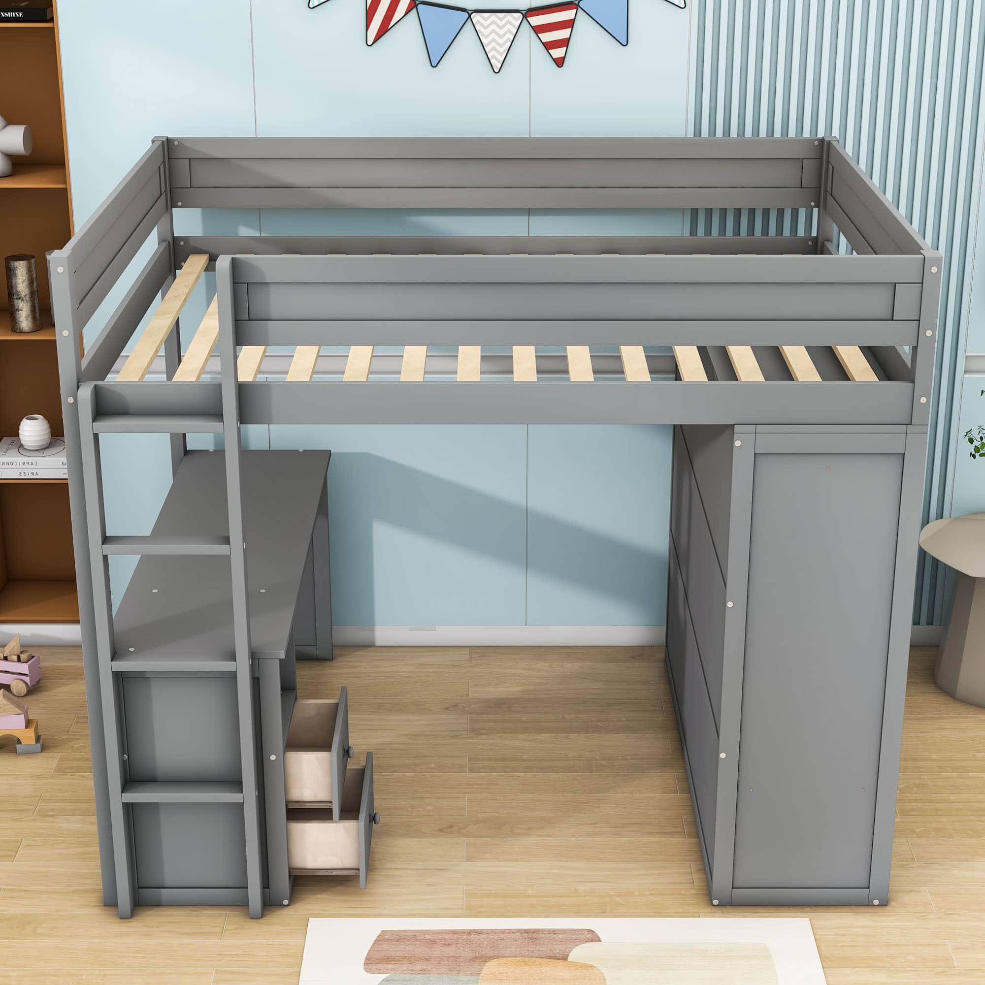 Full Size Loft Bed with Desk and Storage Cabinet, Wardrobe - [Wood, Drawers]