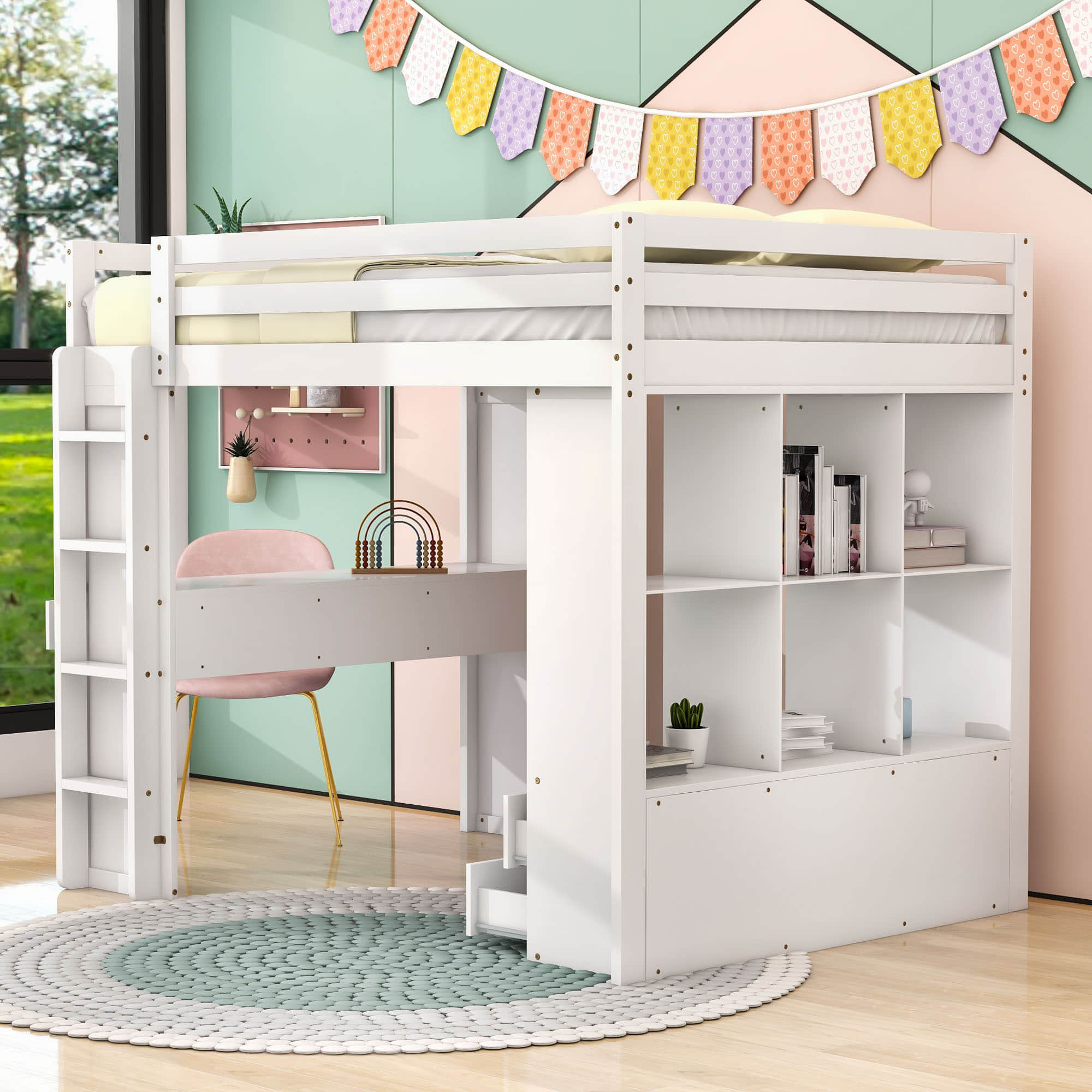 Modern Full Size Loft Bed with Desk and Storage for Adults, Teens