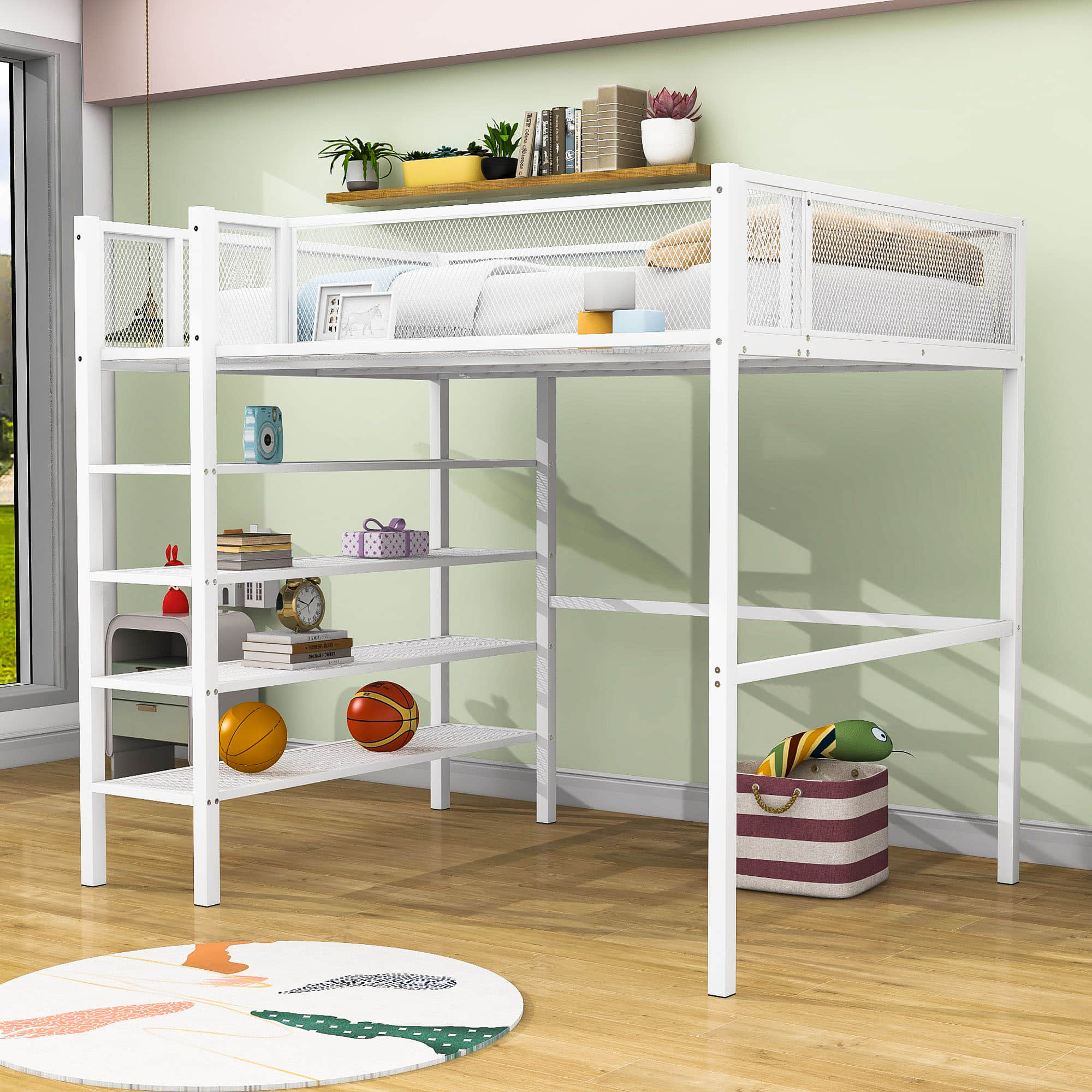 Sturdy Twin Metal Loft Bed Frame with Storage Shelves for Adults, Kids