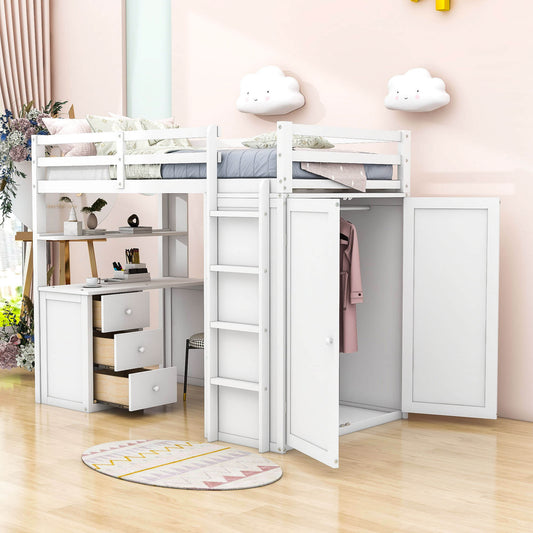 Wood Twin Loft Bed with Desk and Storage for Kids, Adults - [Wardrobe]