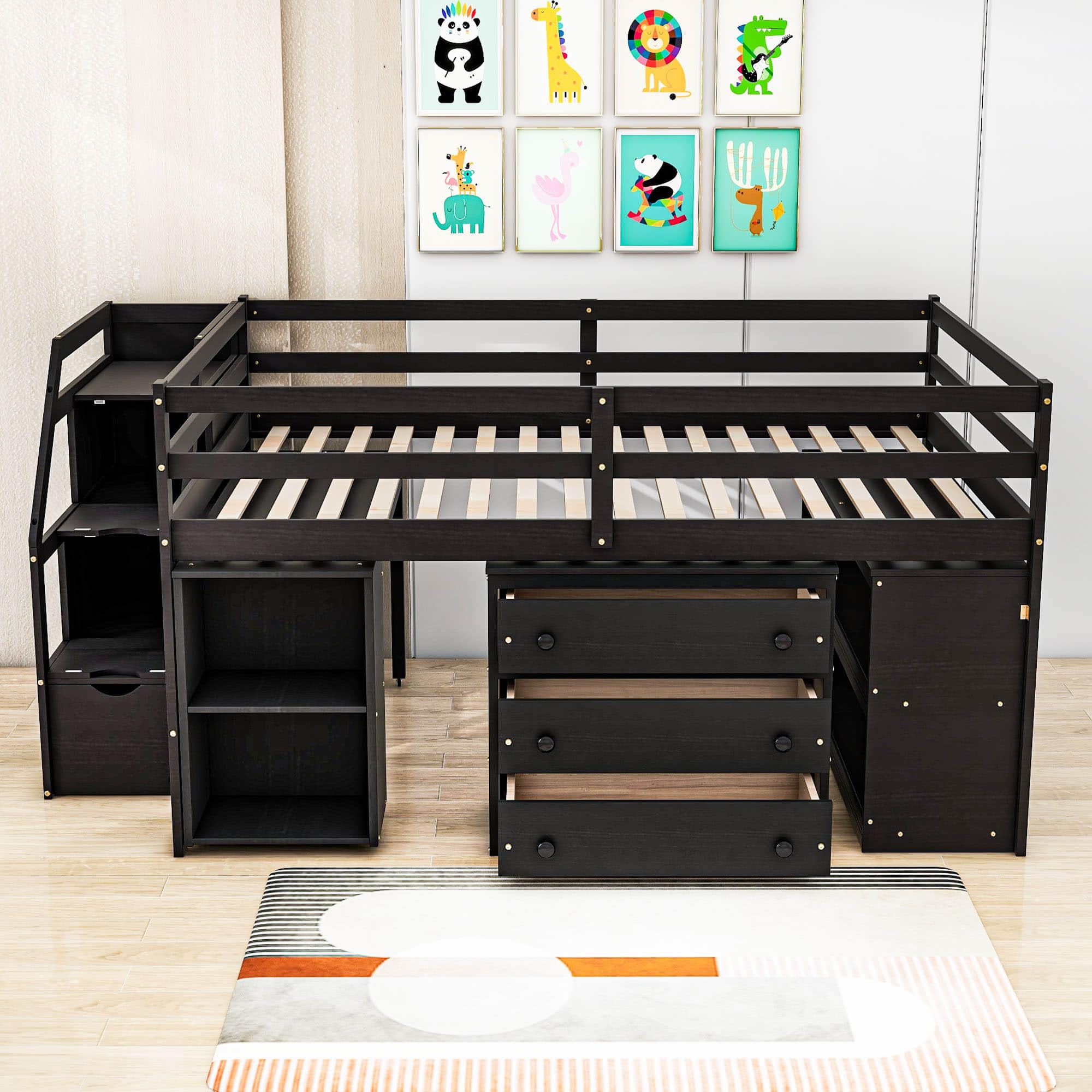 Full Size Kids Low Loft Bed with Desk and Stairs, Storage - [Dresser]