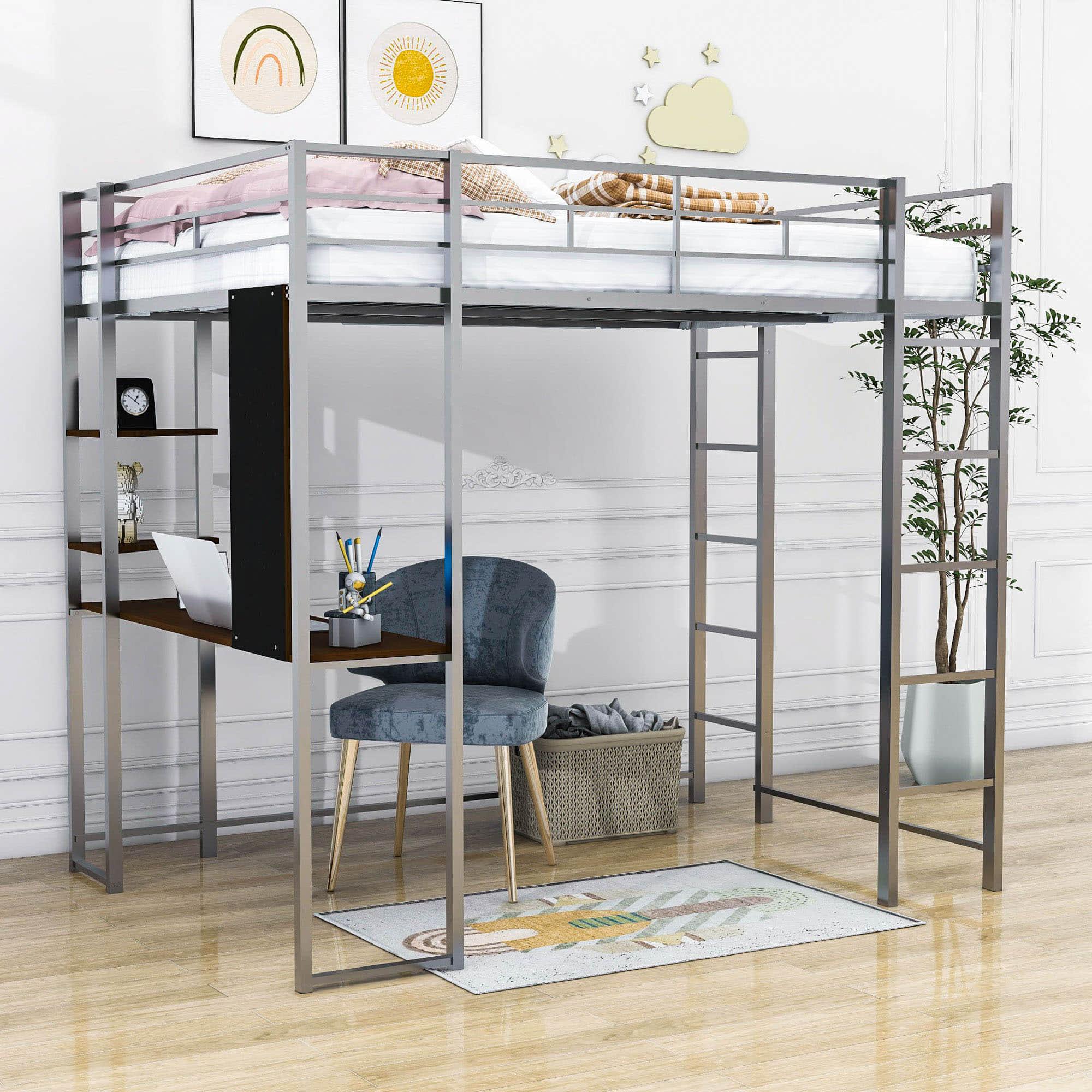 Metal Full Size Loft Bed Frame with Desk and Shelves - [2 Ladders]