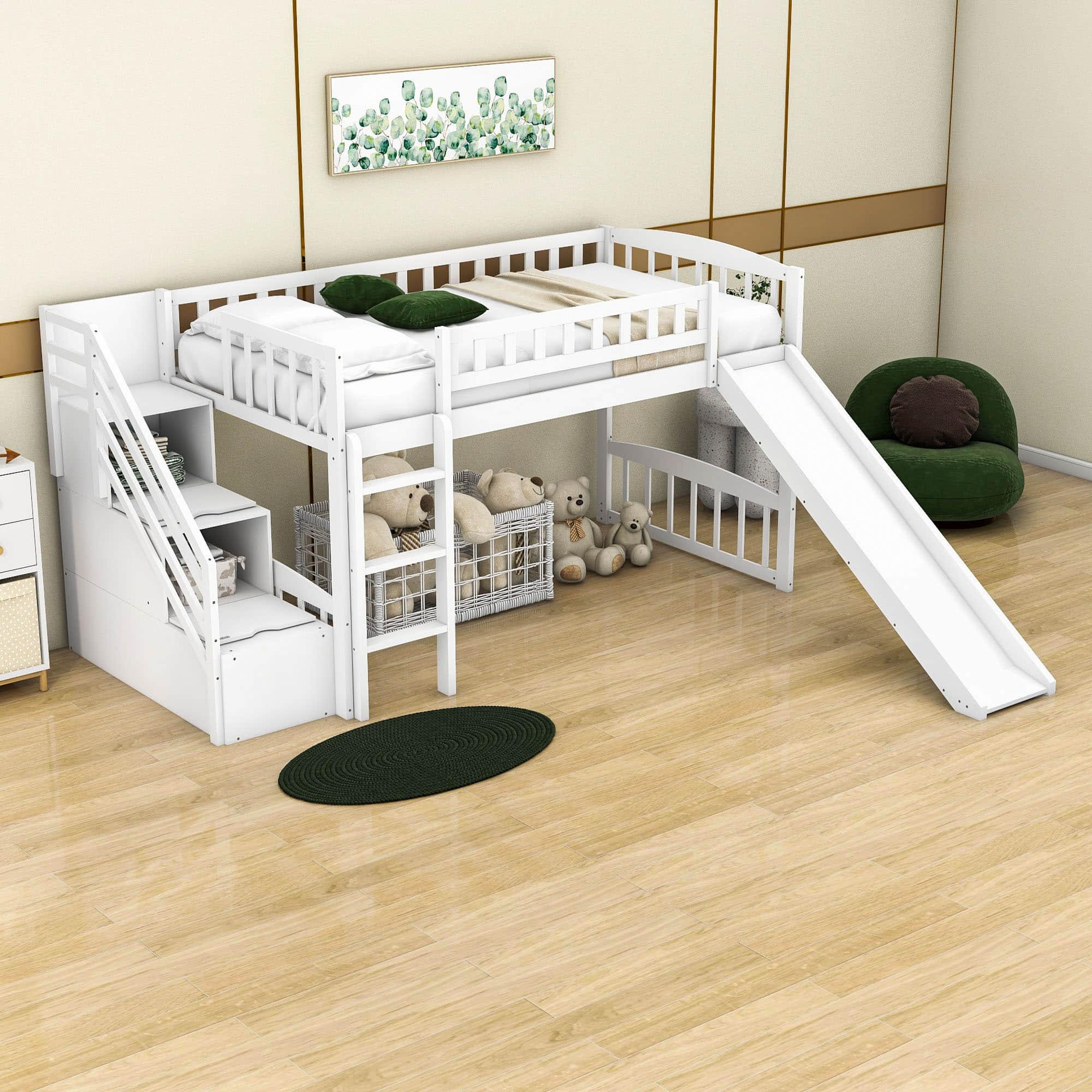 Low Twin Loft Bed with Storage Stairs and Slide - [Wood, Interchangeable]