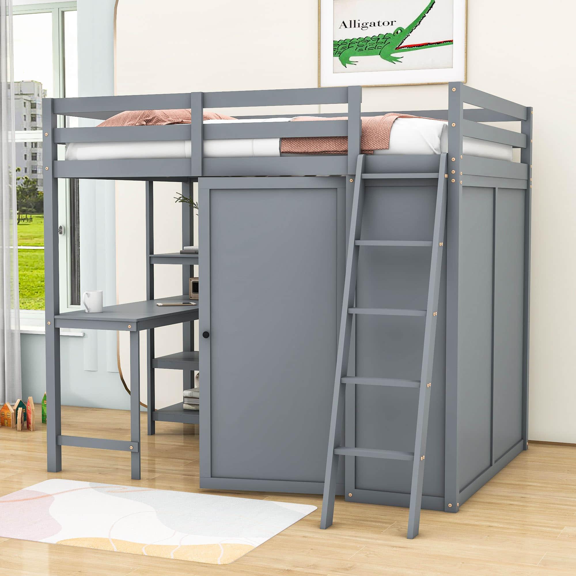 Full Size Loft Bed with Desk and Storage for Adults, Kids - [Wardrobe]