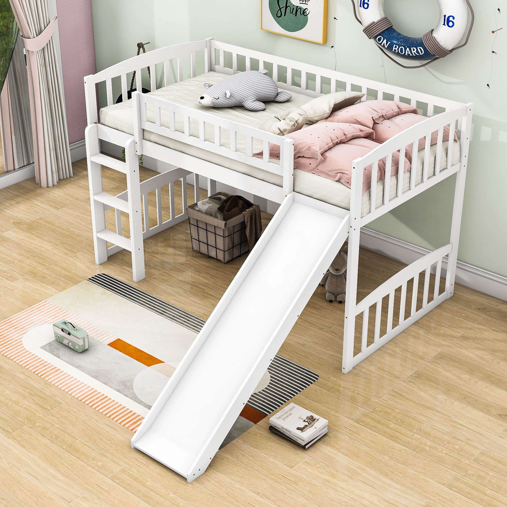 Low Twin Loft Bed with Slide for Kids - [Wood, Interchangeable]