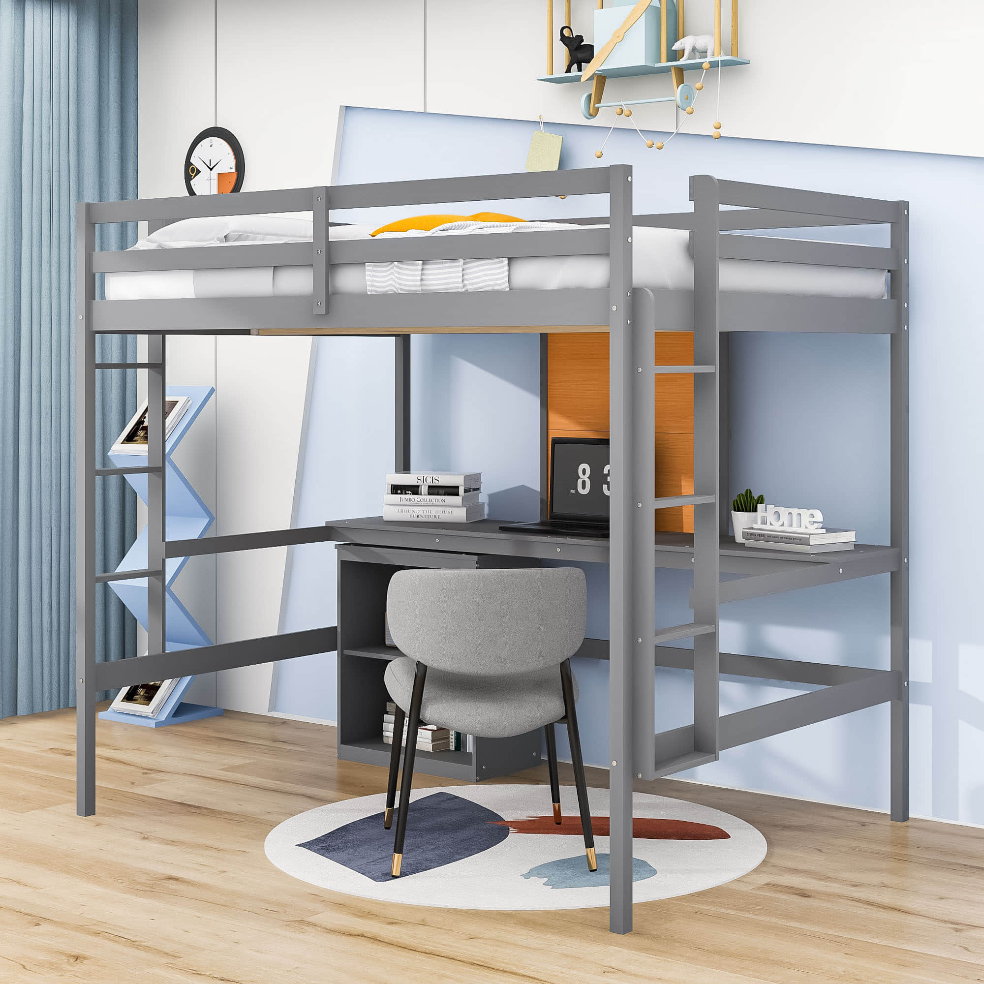 Full Size Loft Bed with Desk and Storage, Writing Board for Adults