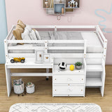 Twin Size Kids Low Loft Bed with Desk, Stairs and Storage Drawers