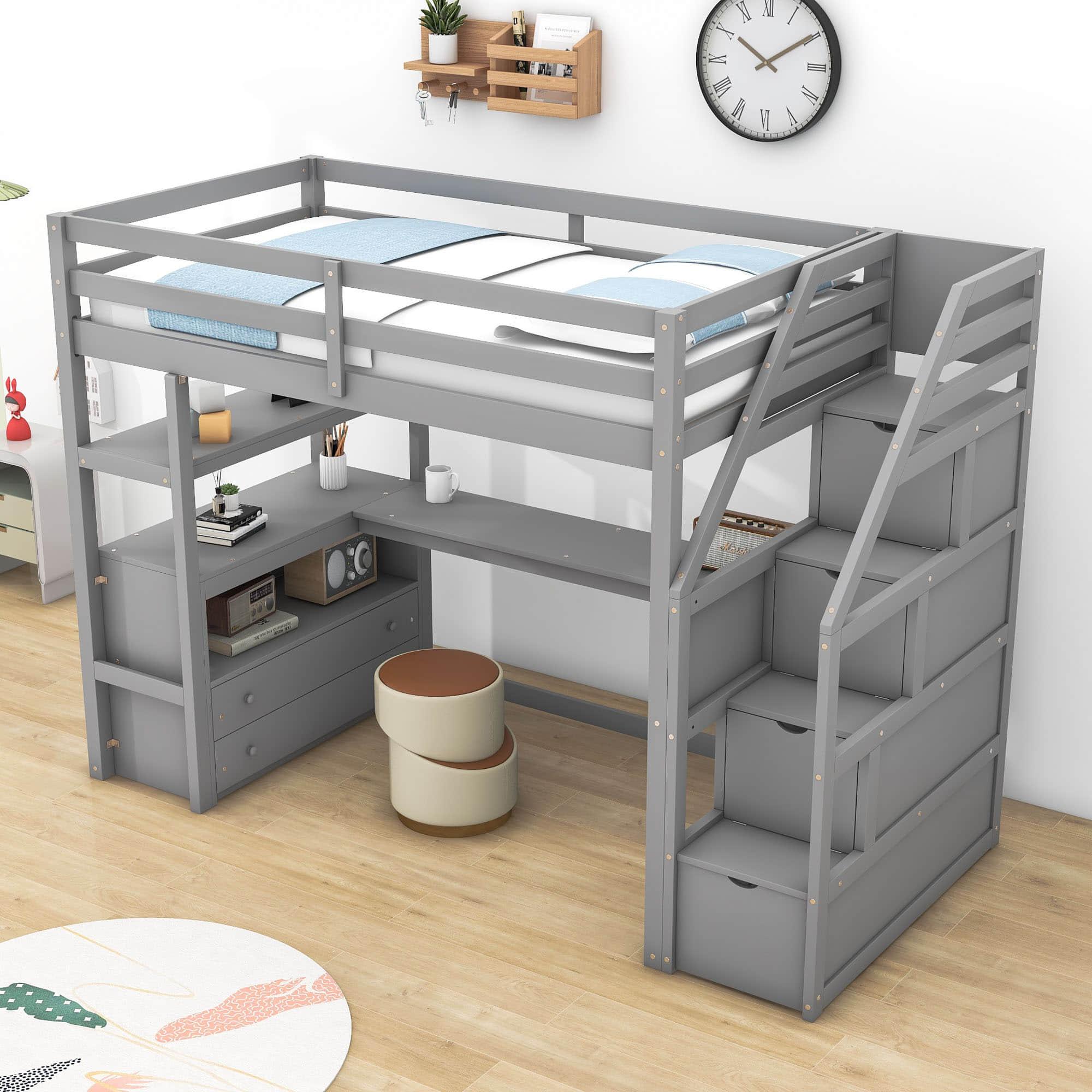 Twin Loft Bed with Desk and Stairs, Storage for Kids, Adults - [Wooden]