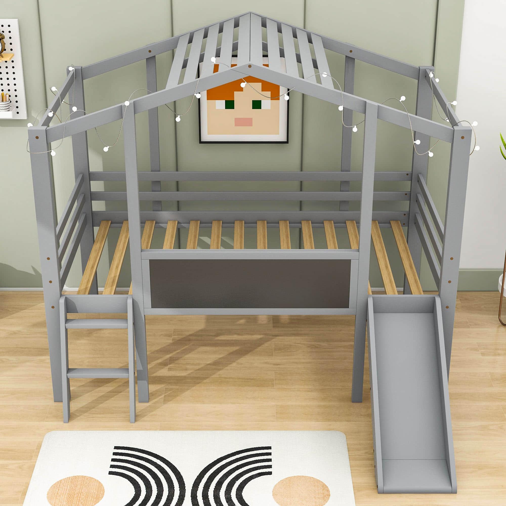 Twin House Low Loft Bed with Slide and Blackboard for Kids, Toddler - [Wood]