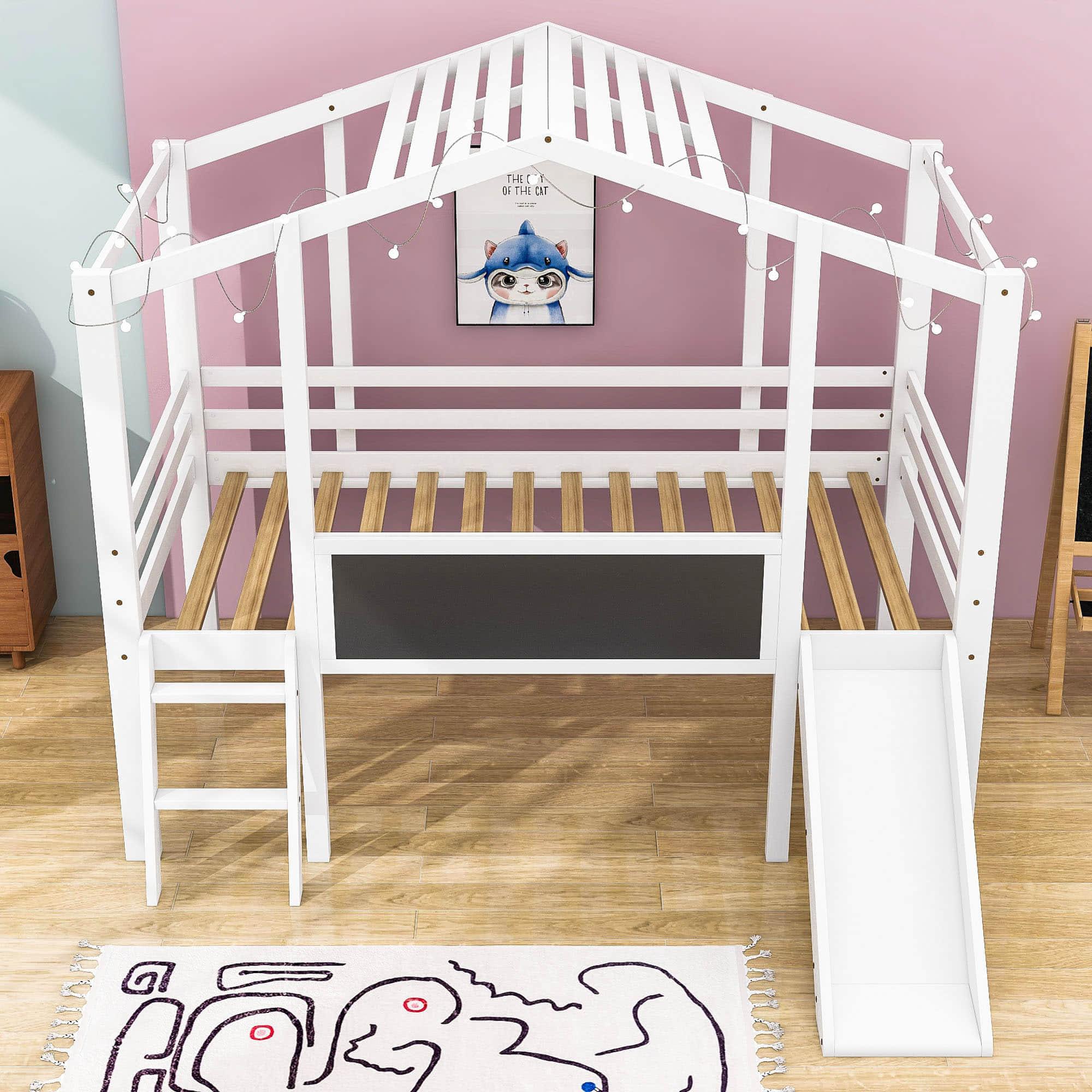 Twin House Low Loft Bed with Slide and Blackboard for Kids, Toddler - [Wood]