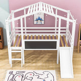 Twin House Low Loft Bed with Slide and Blackboard for Kids, Toddler - [Wood]