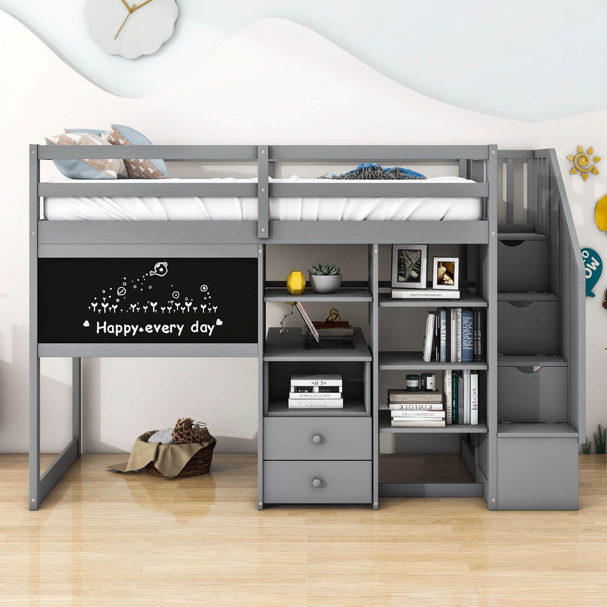 Twin Loft Bed with Stairs and Desk, Storage - [Wood, Drawers, Shelves, Blackboard]