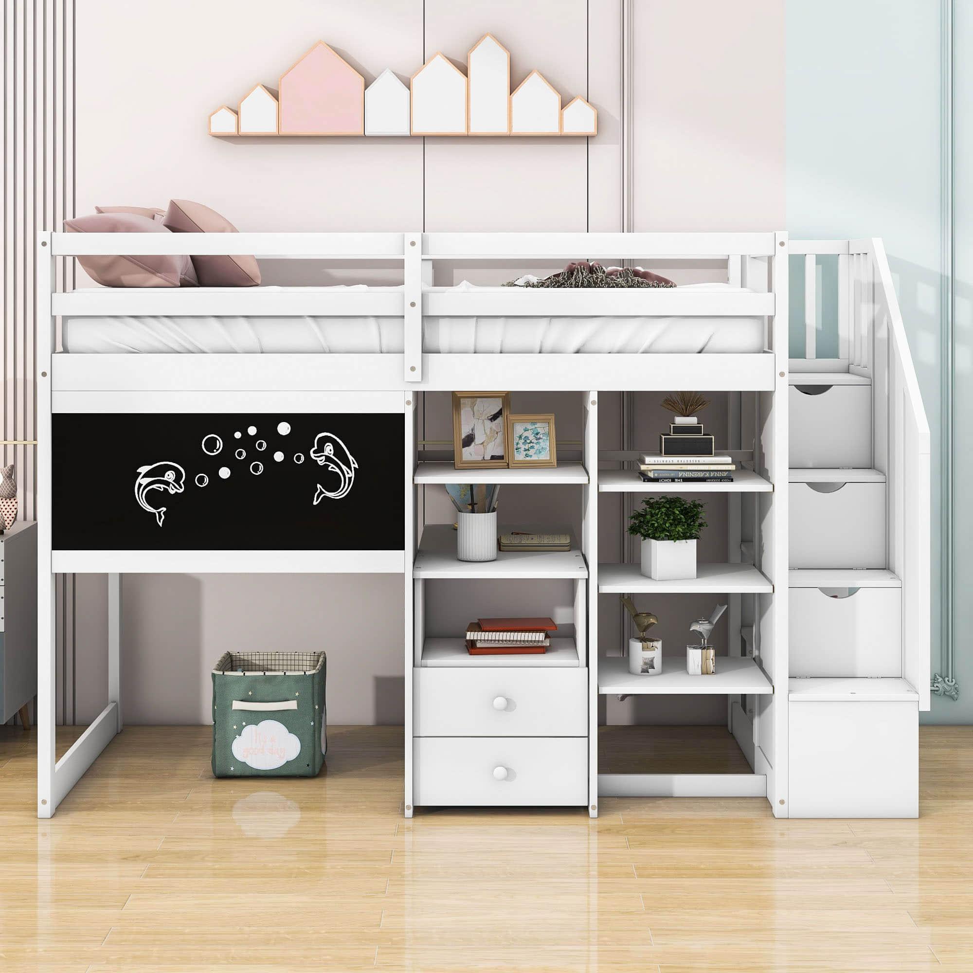 Twin Loft Bed with Stairs and Desk, Storage - [Wood, Drawers, Shelves, Blackboard]