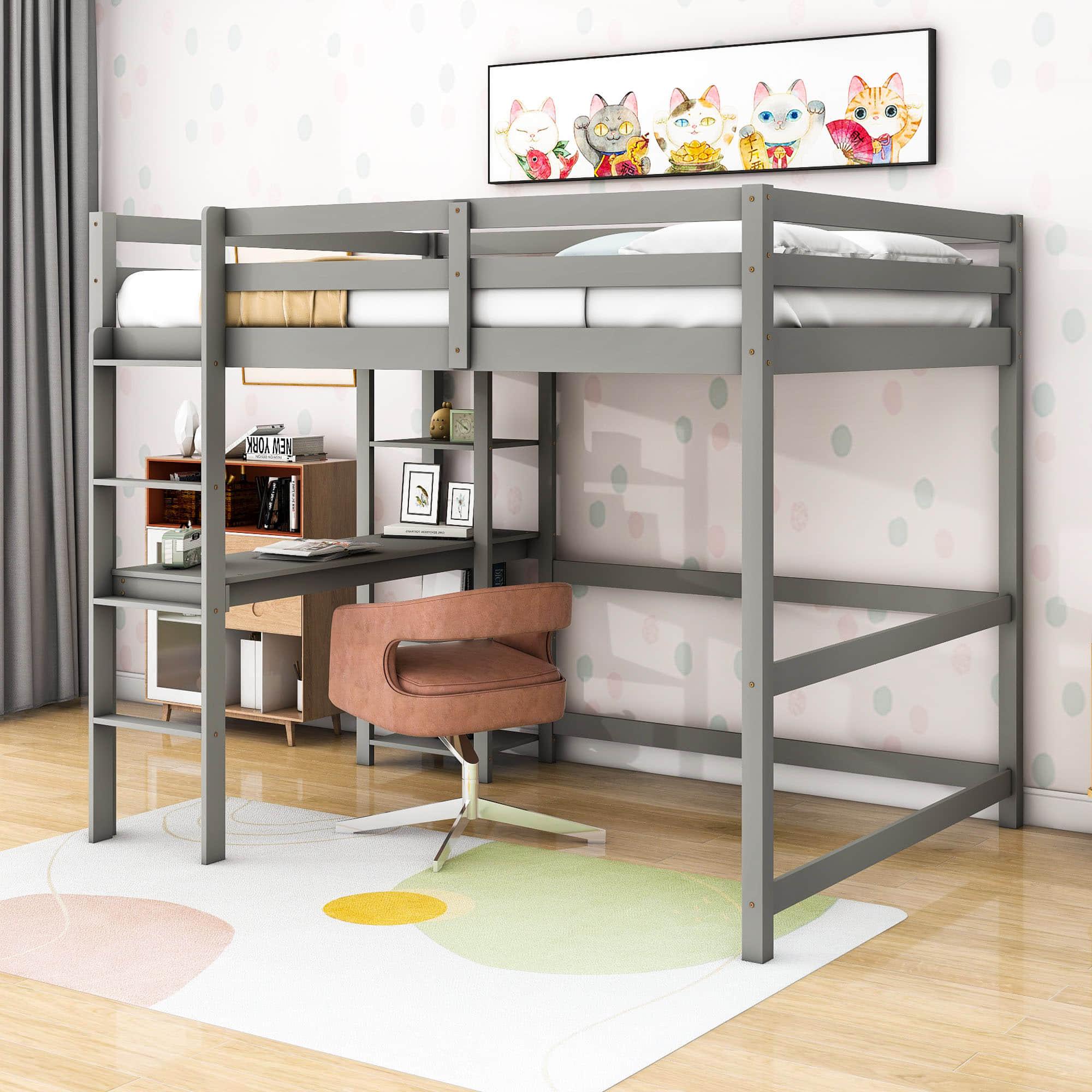 Wood Full Size Loft Bed with Desk and Storage Shelves for Kids, Teens